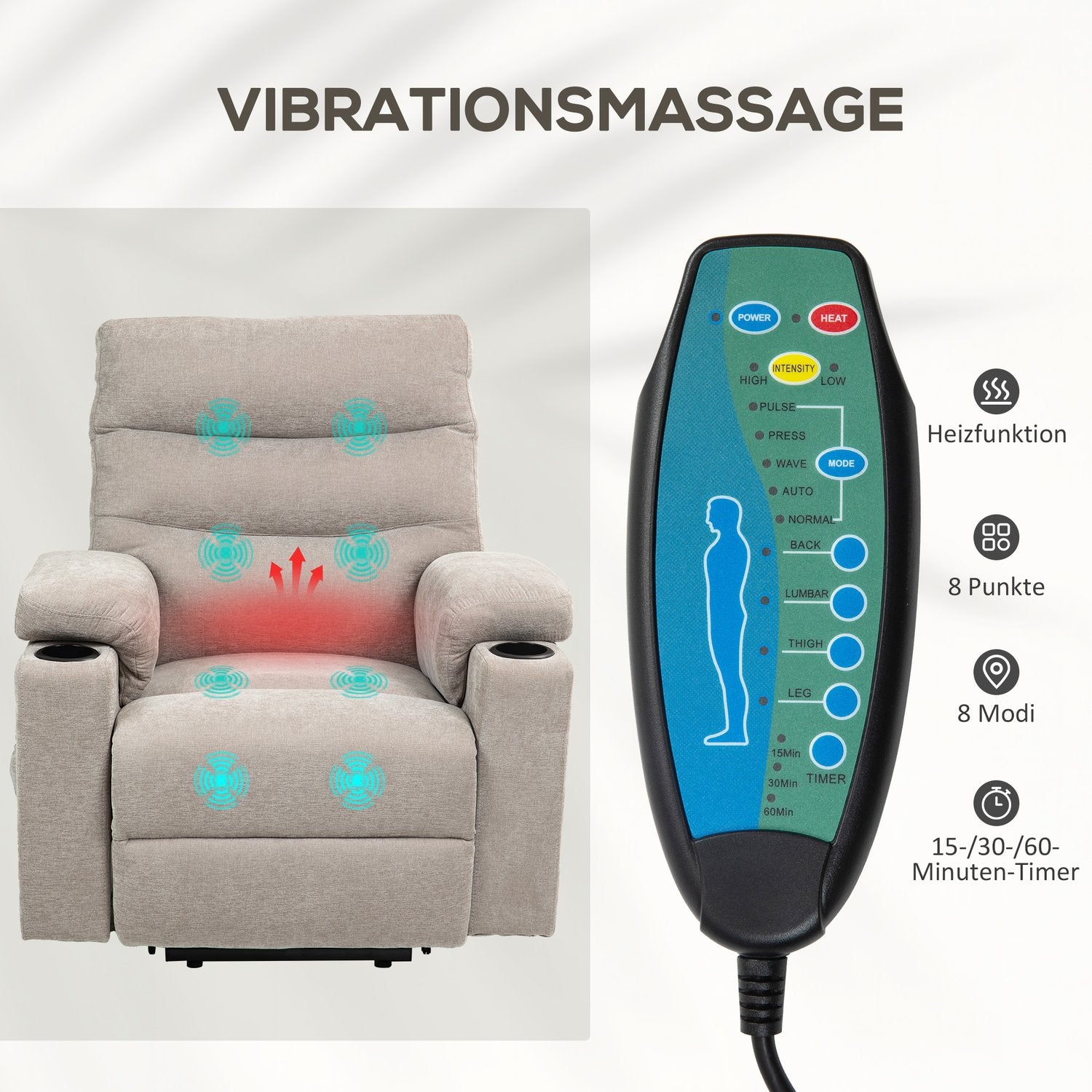 Massagestol med ståfunktion, 8 vibrationsmassagepunkter, elektriskt klädd stol med 2 fjärrkontroller, ljusbrun