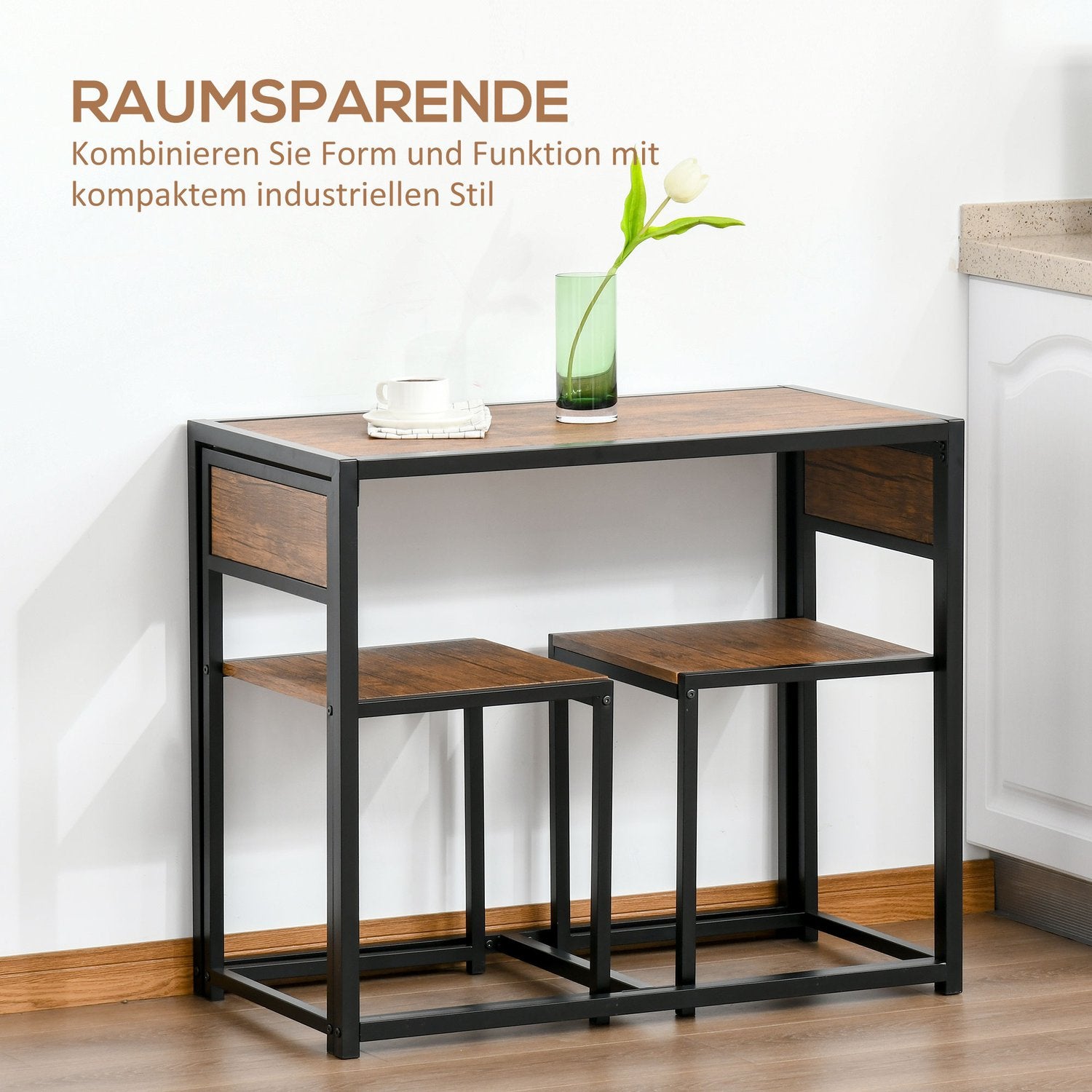 Matsalsset: bord med 2 metallstolar, naturlig finish