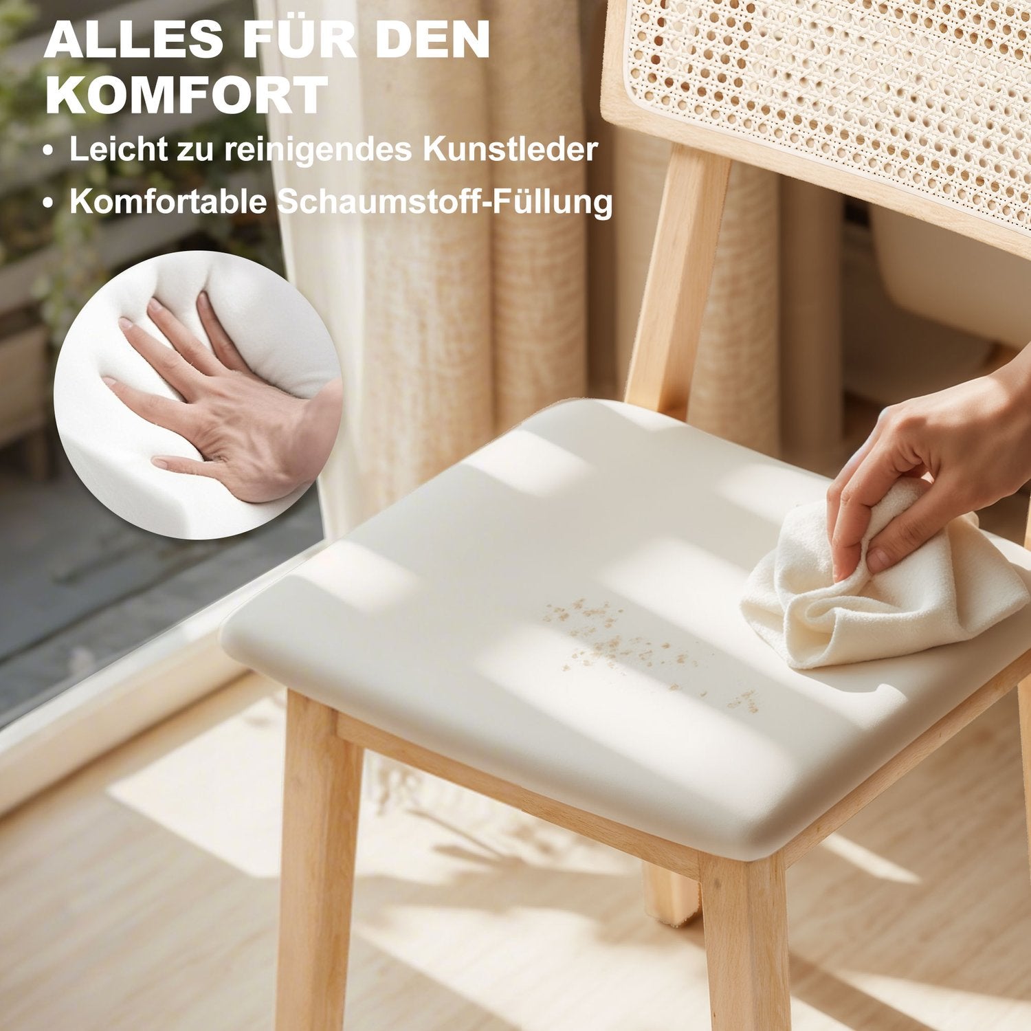 Matstol, ryggstöd i rotting, sits i konstläder, gummiträ, naturträ