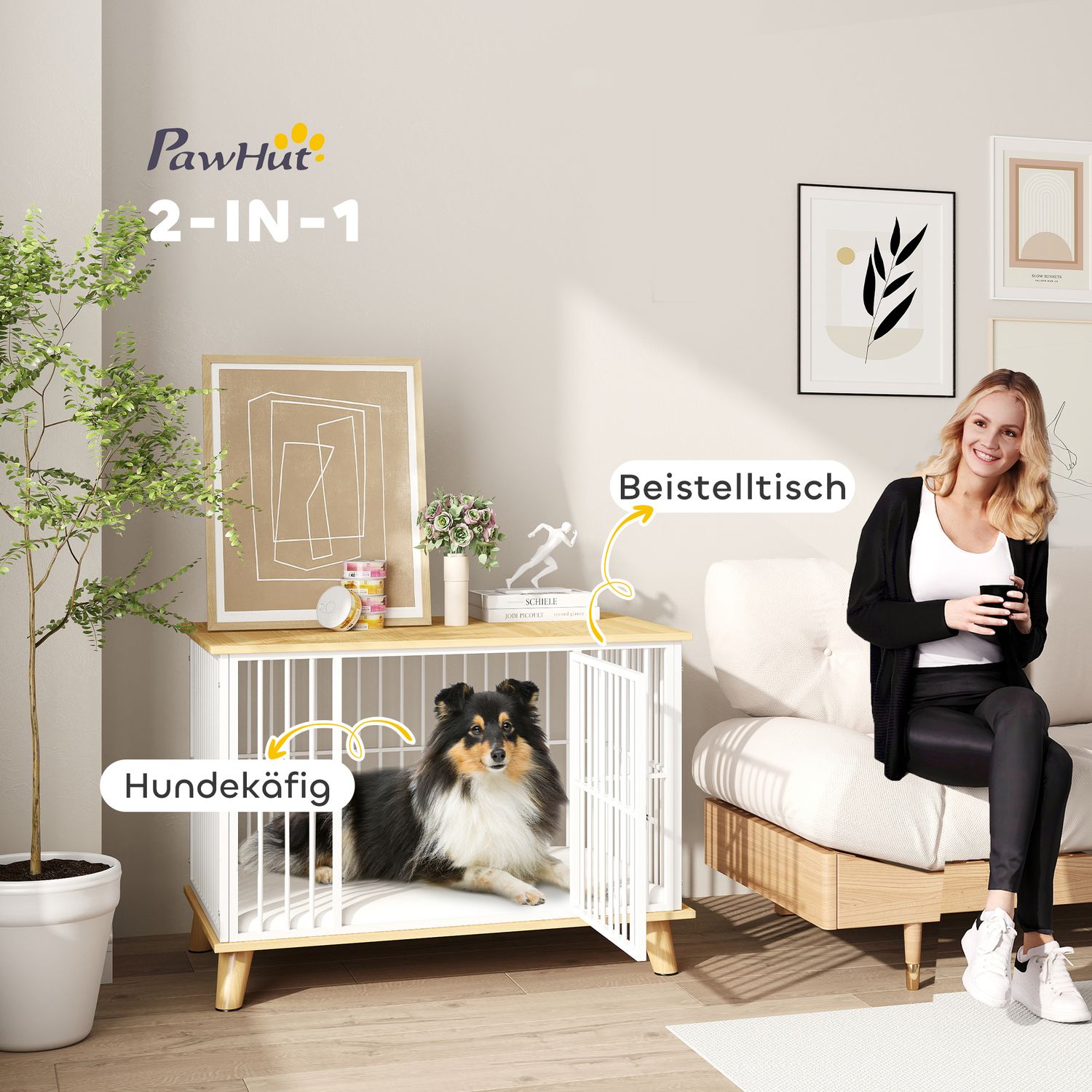 Středně velká klec pro psy s polštářem a uzamykatelnými dvířky, dubová