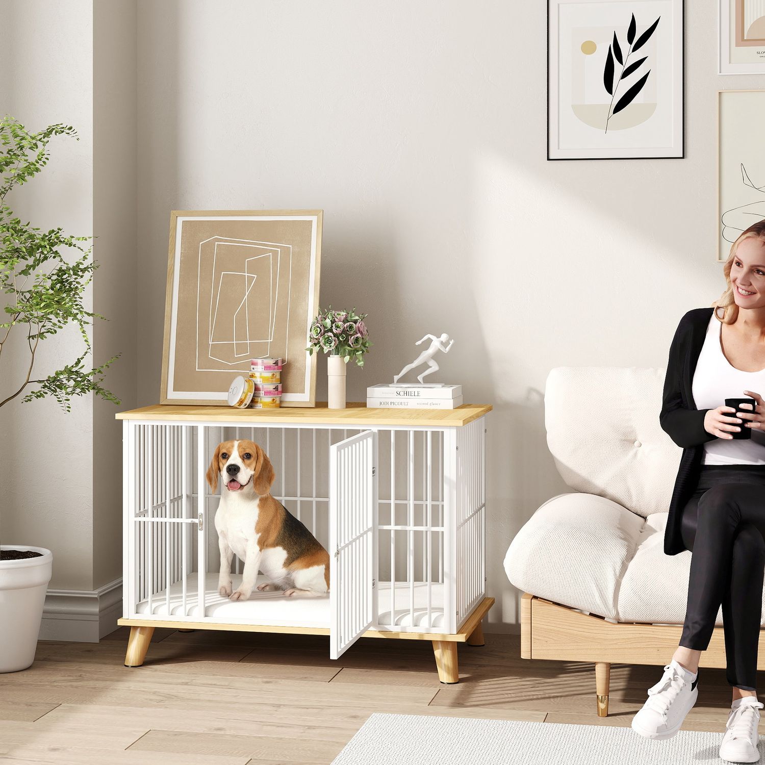 Středně velká klec pro psy s polštářem a uzamykatelnými dvířky, dubová