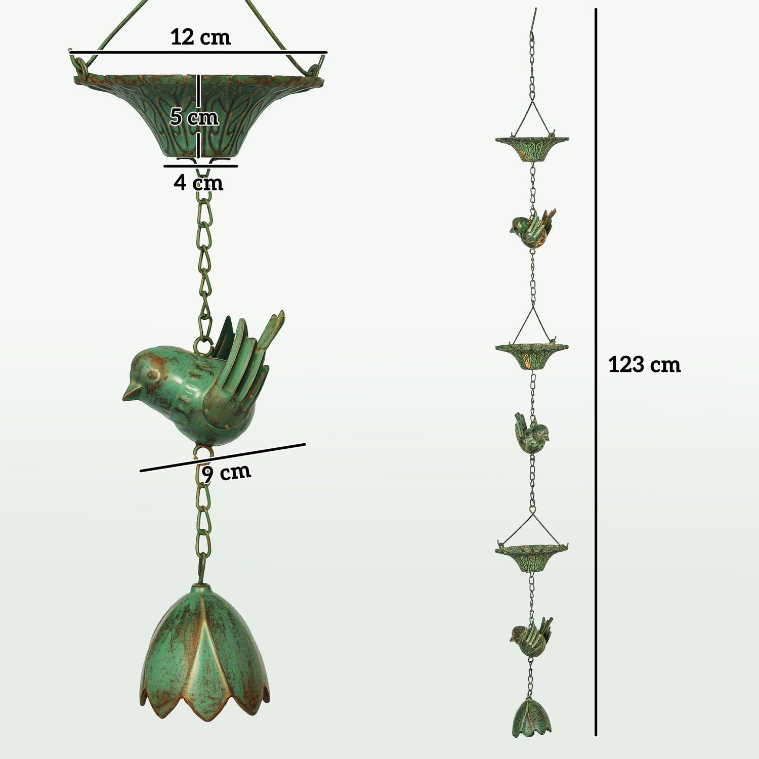 Kovové dešťové řetězy pro okapy, sada 3 kusů se zvonky, 123 cm