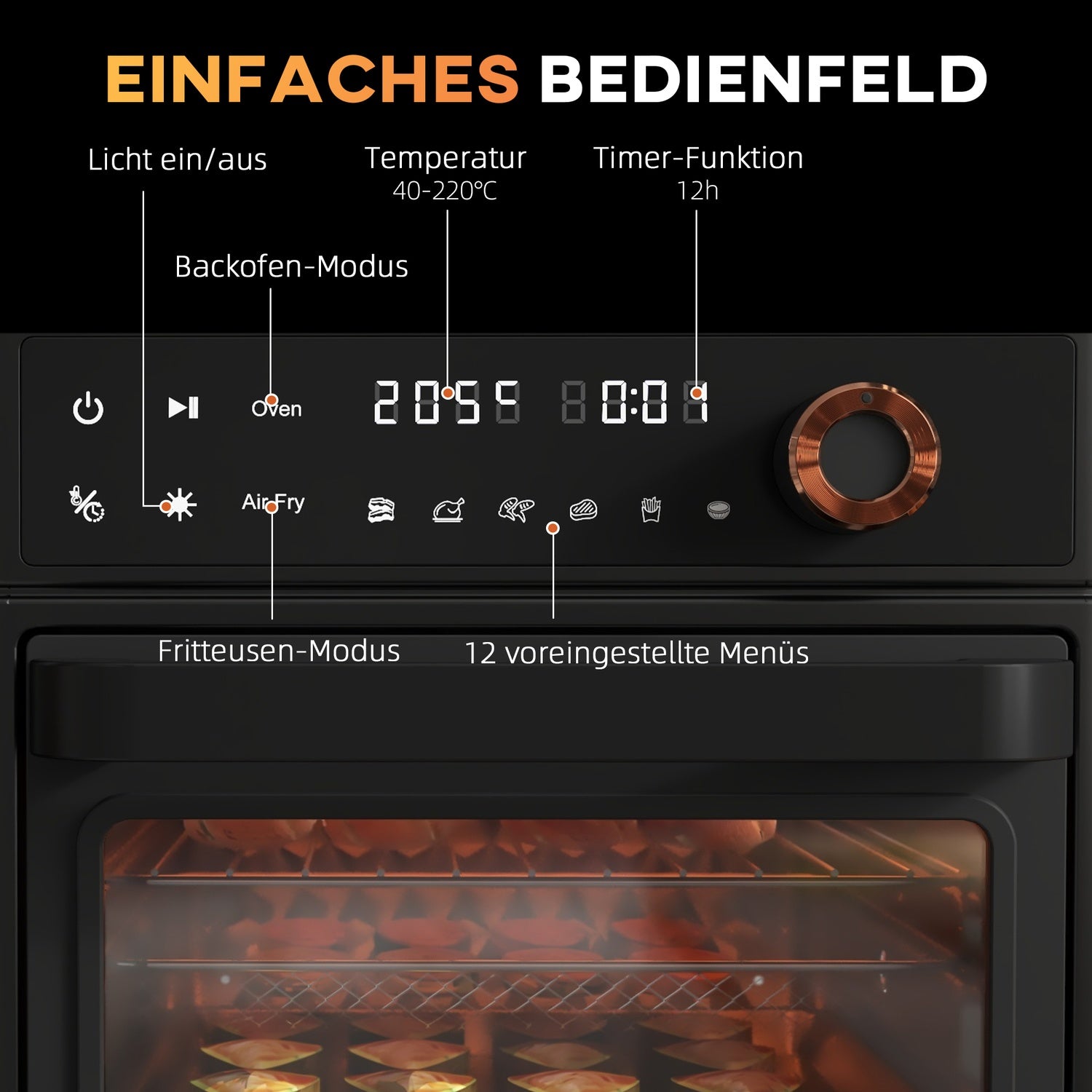 Mini horkovzdušná fritéza s troubou, 13 l, 12 programů, 40–220 °C