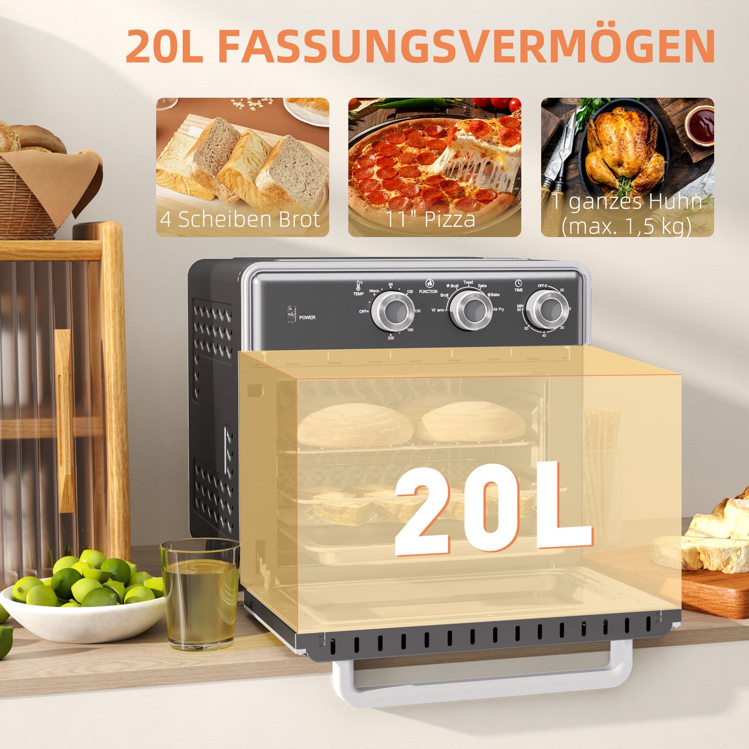 Mini trouba s horkovzdušnou cirkulací, 20 l, 1400 W, více režimů