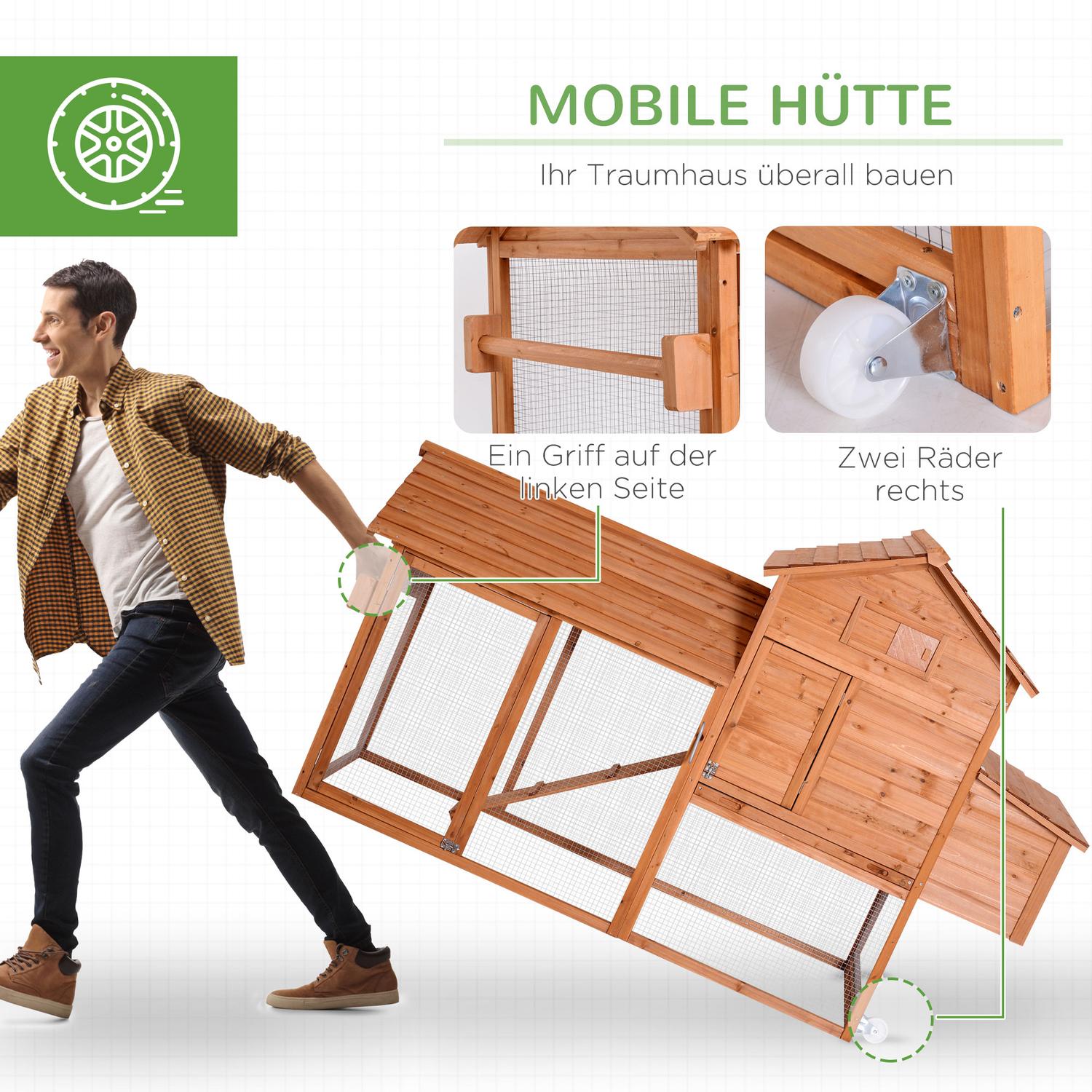 Mobilt hönshus med hjul och häcklåda – granträ
