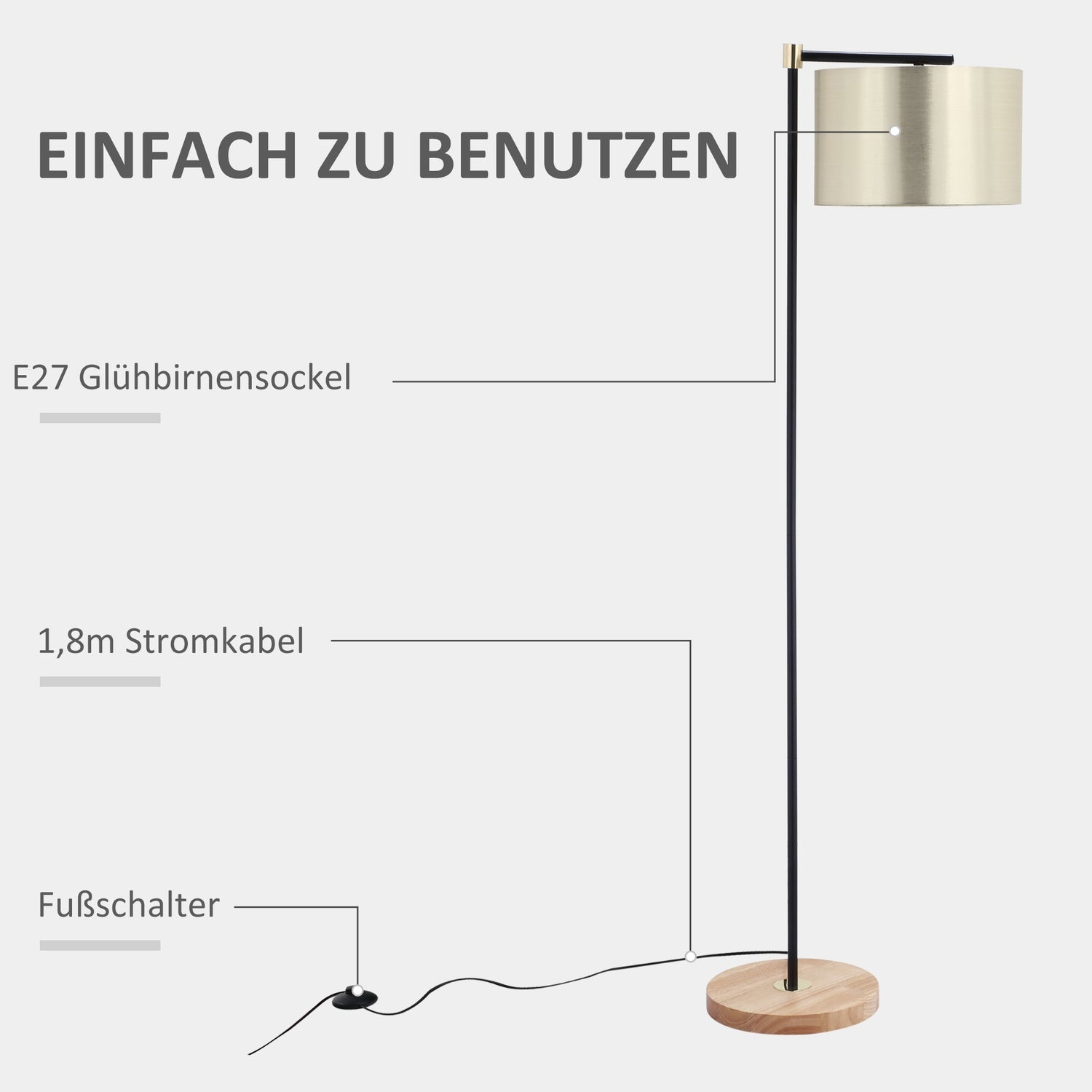 Modern golvlampa, 40W, E27, tygskärm, guld+svart
