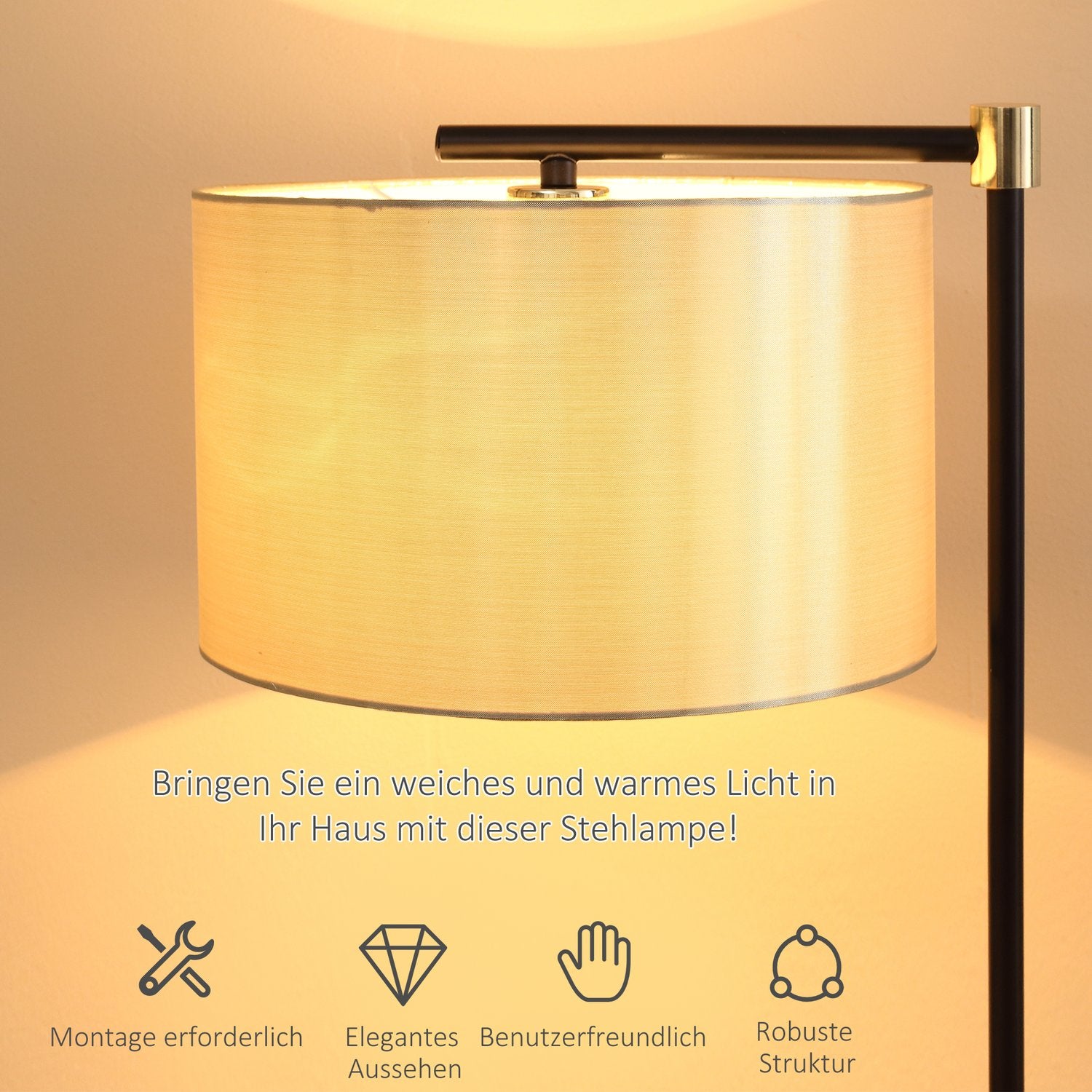 Modern golvlampa, 40W, E27, tygskärm, guld+svart