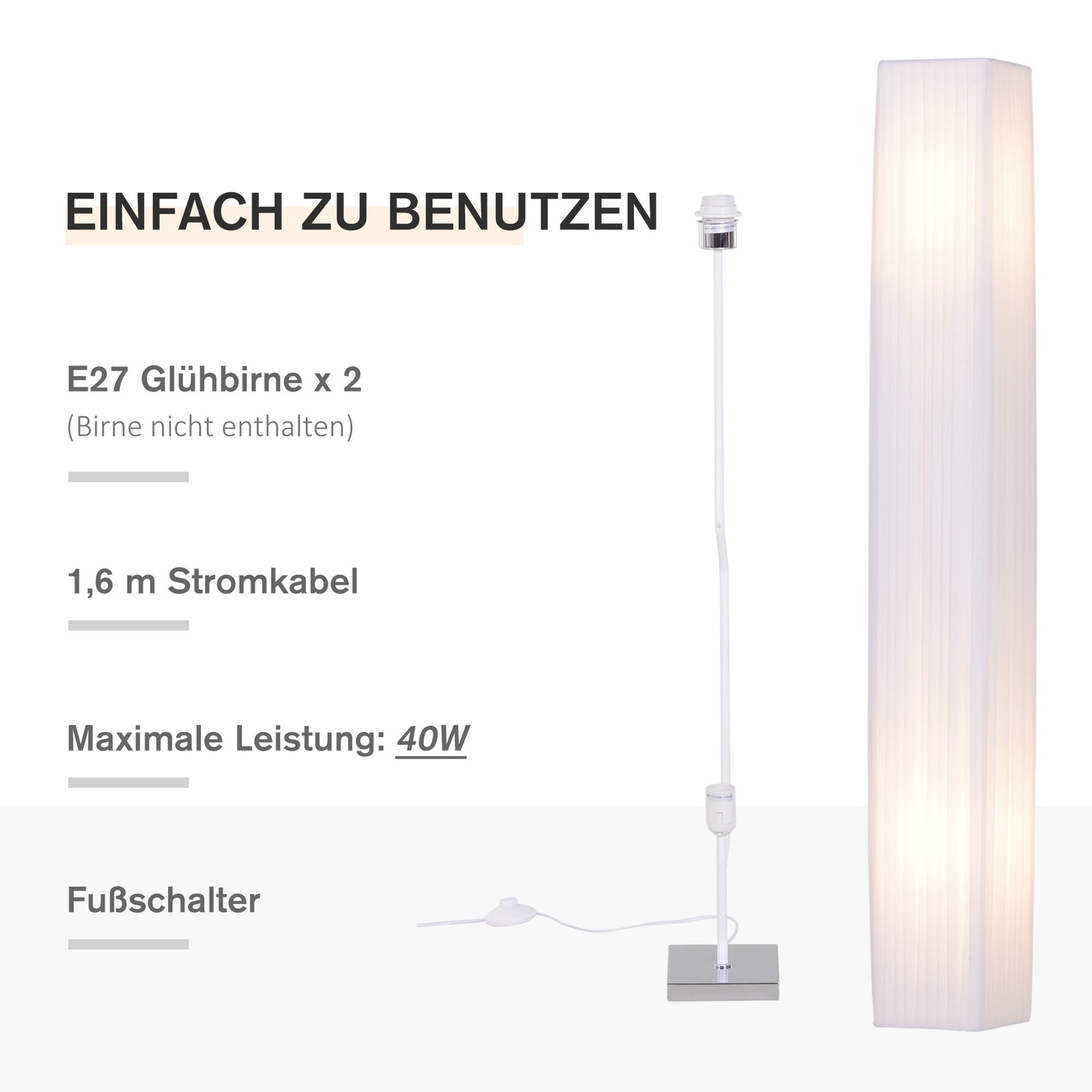 Modern golvlampa, vitt rostfritt stål, E27 sockel