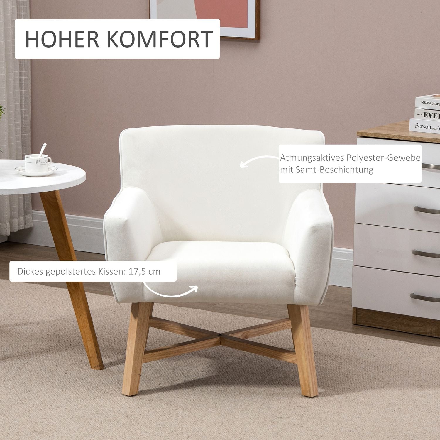 Modern matstol i kräm sammet med armstöd, träram