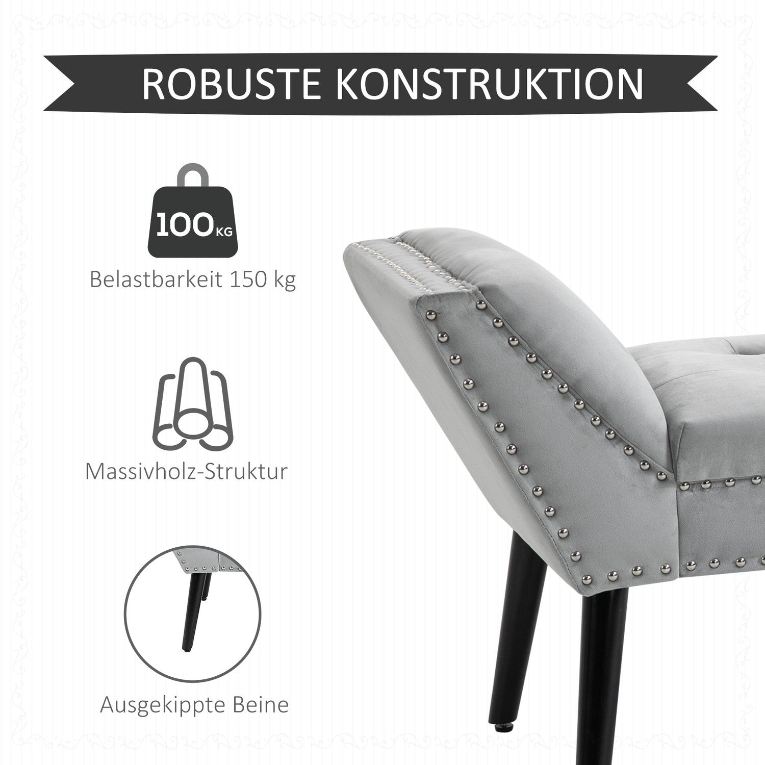 Modern stoppad bänk, ljusgrå sammet, 114x46x56cm
