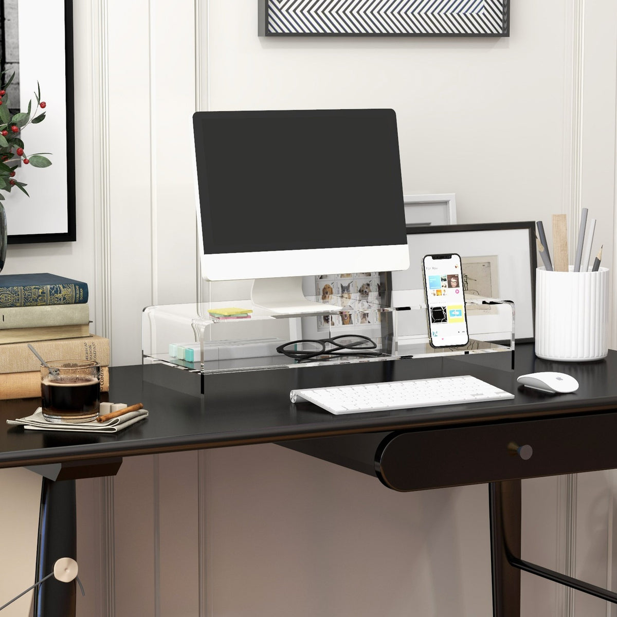 Akrylátový stojan na monitor s úložným prostorem pro 24" monitor, počítač a notebook