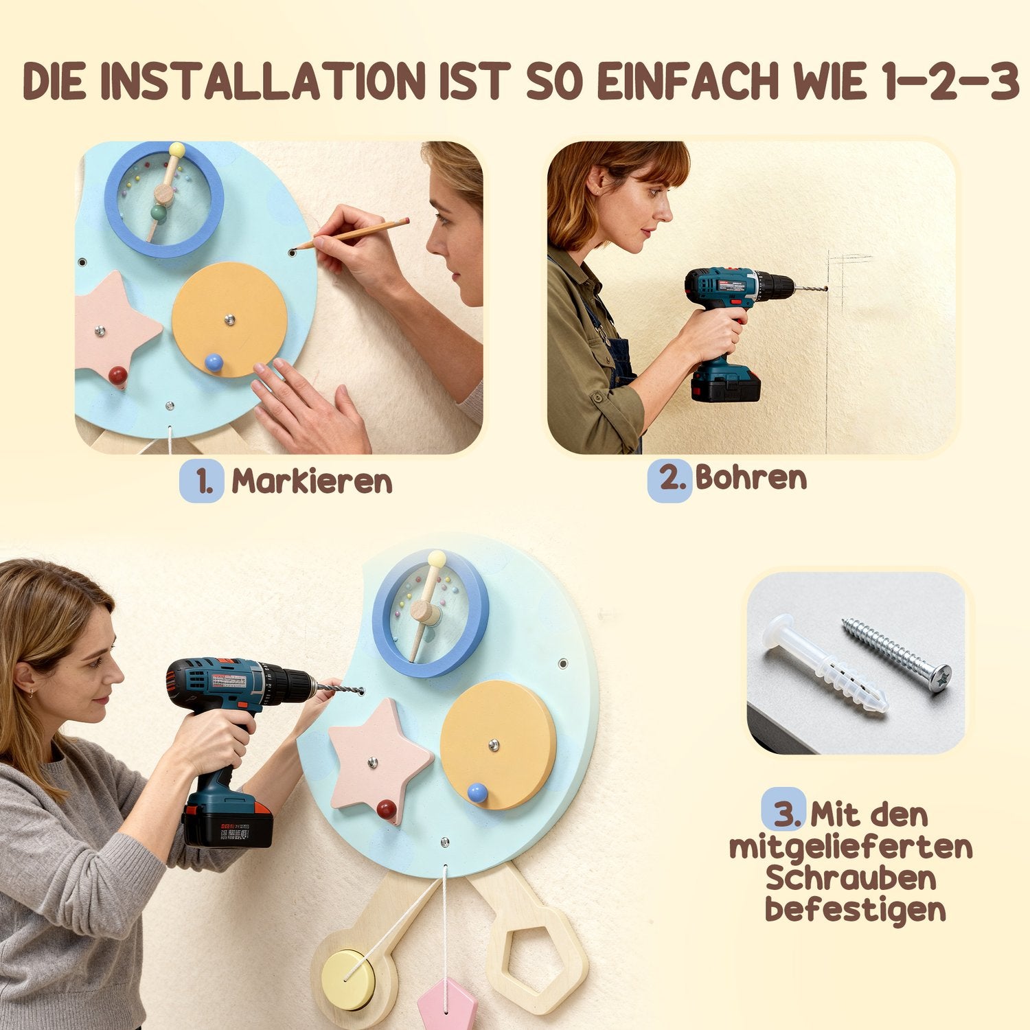 Montessori Busy Board – 7-i-1 Väggleksak, Xylofon, Kugghjul, 108 cm