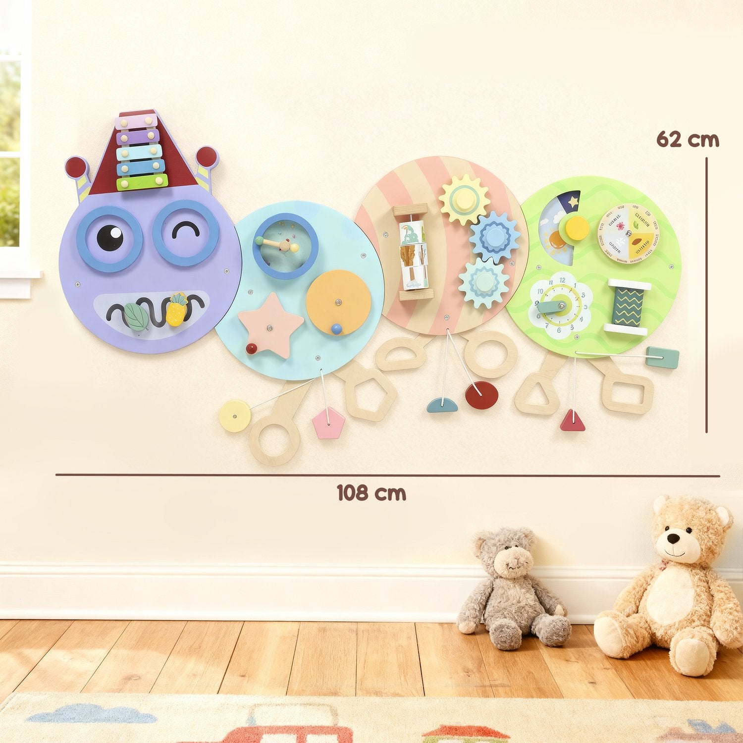 Montessori Busy Board – 7-i-1 Väggleksak, Xylofon, Kugghjul, 108 cm