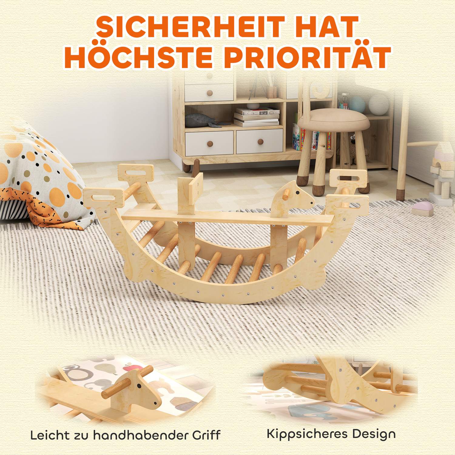 Montessori inomhusklätterbåge, 2-i-1 trägunga, 110x52x45 cm