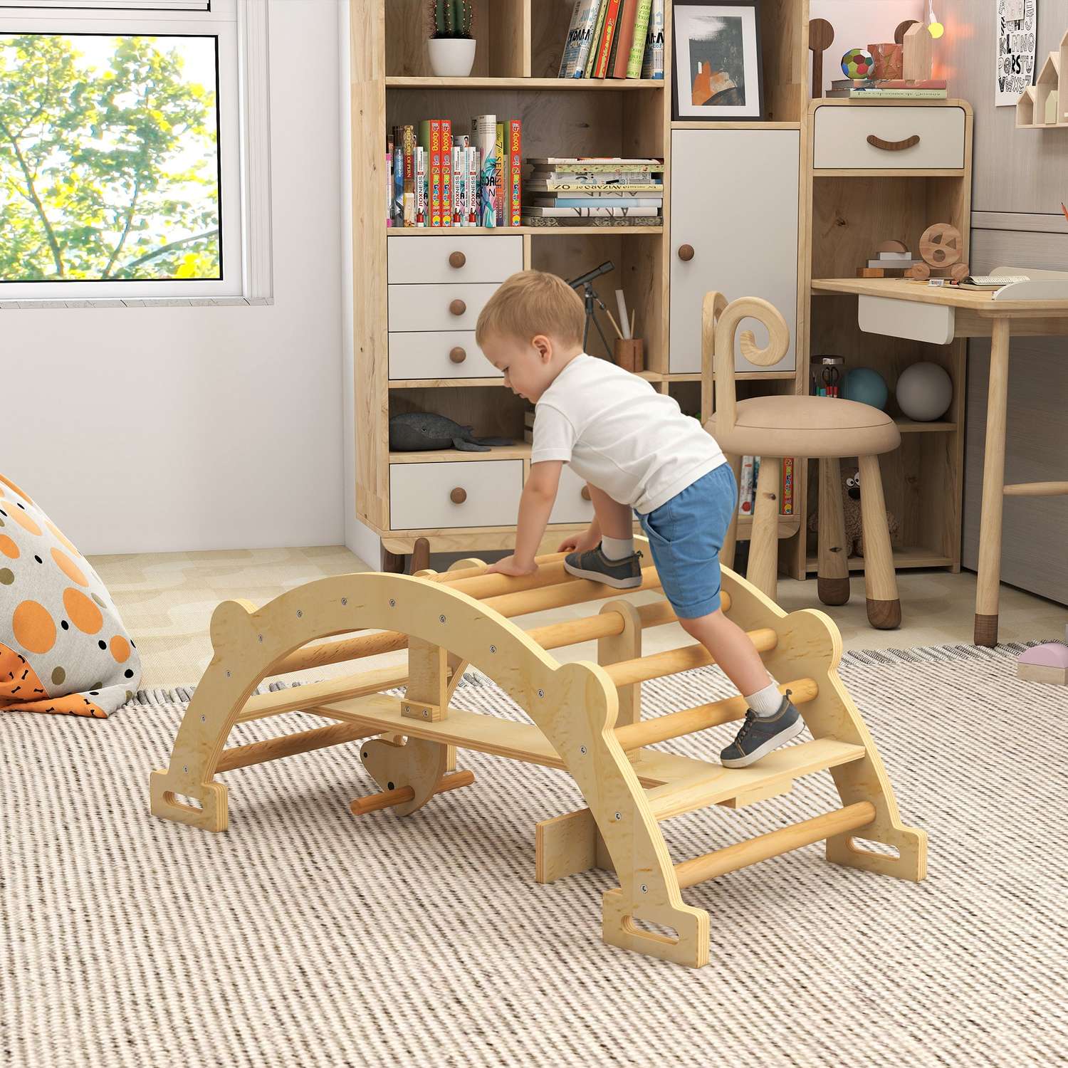 Montessori inomhusklätterbåge, 2-i-1 trägunga, 110x52x45 cm