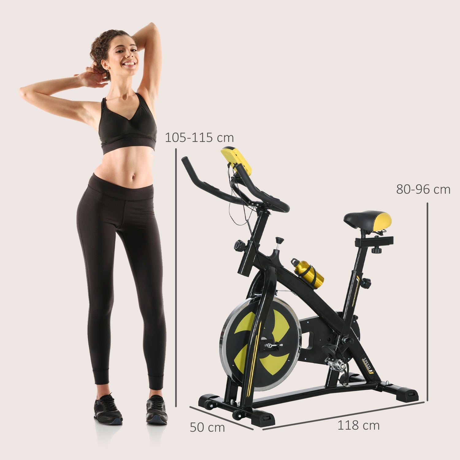 Motionscykel, tyst, justerbart motstånd, pulssensor, monitor, gul