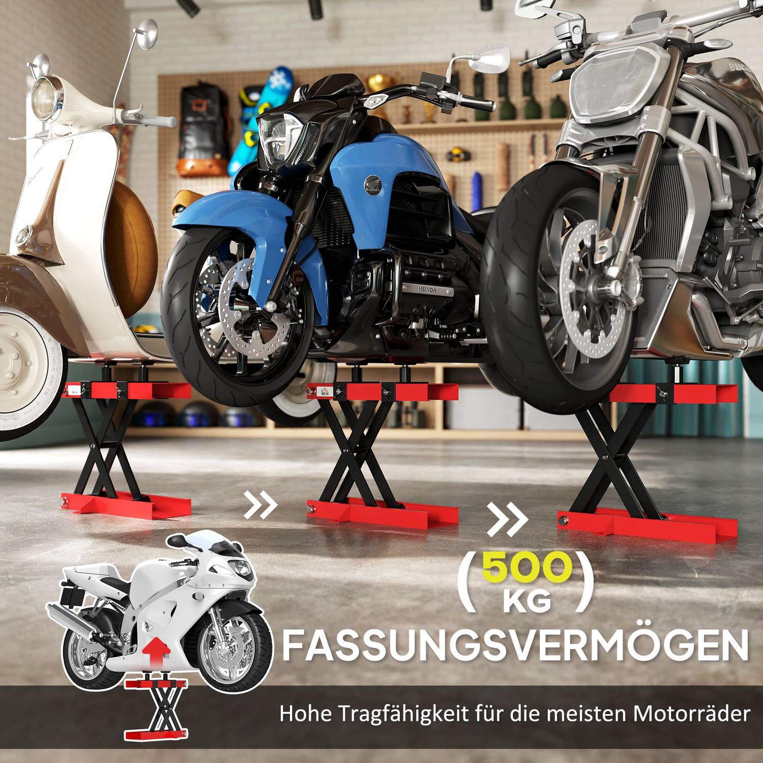 Zvedák na motocykly s nosností 500 kg, nastavitelný v rozmezí 95–400 mm