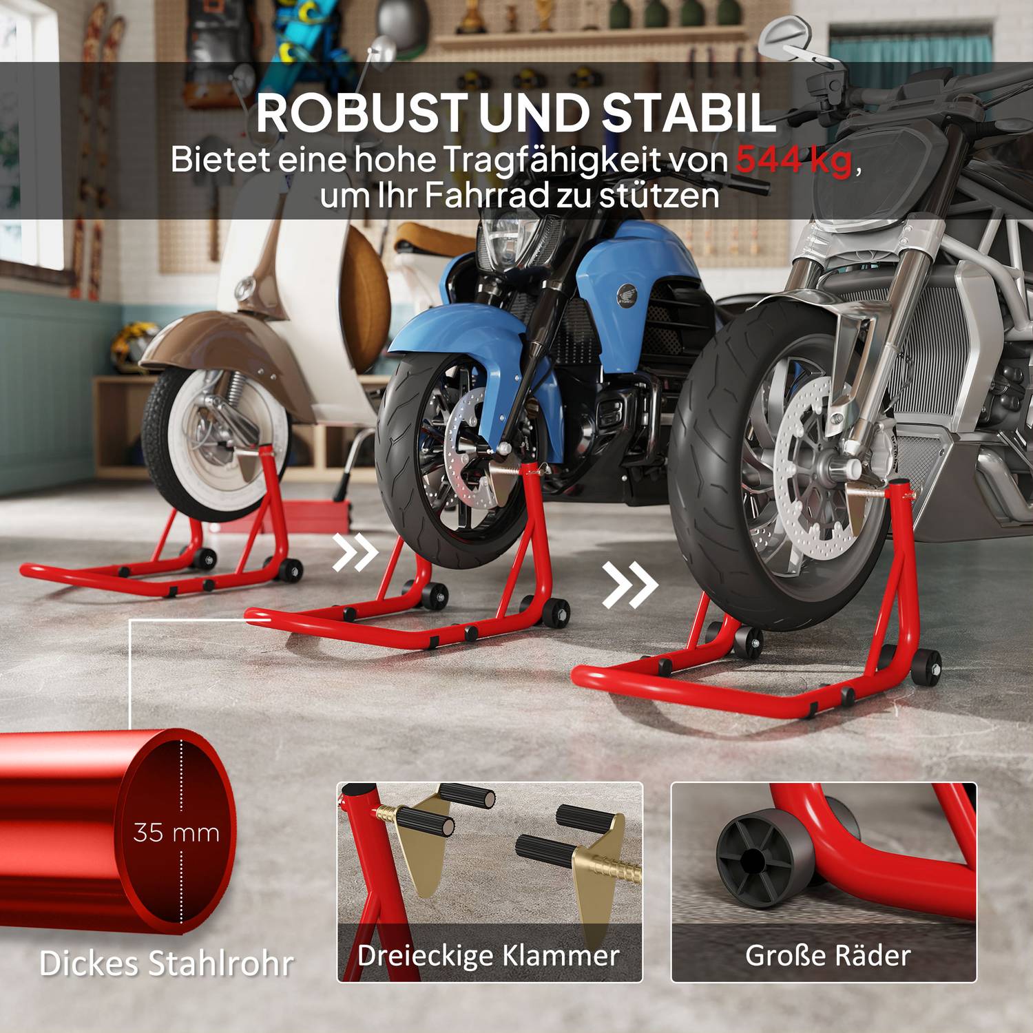 Motorcykelställ, Fram/Bak, Stål, 544 kg Kapacitet