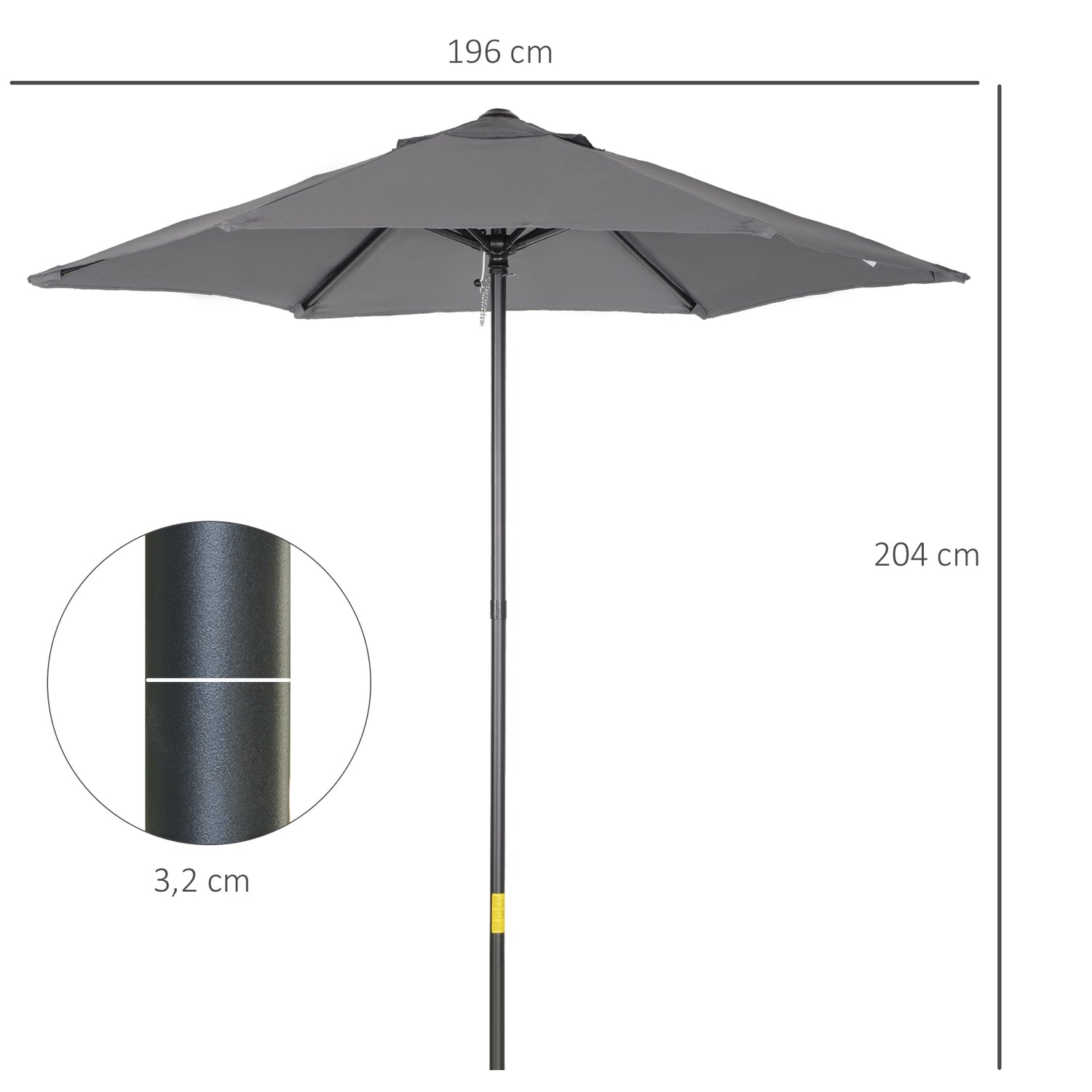 Tmavě šedý šestihranný větruvzdorný slunečník s klikovým mechanismem, 196 cm