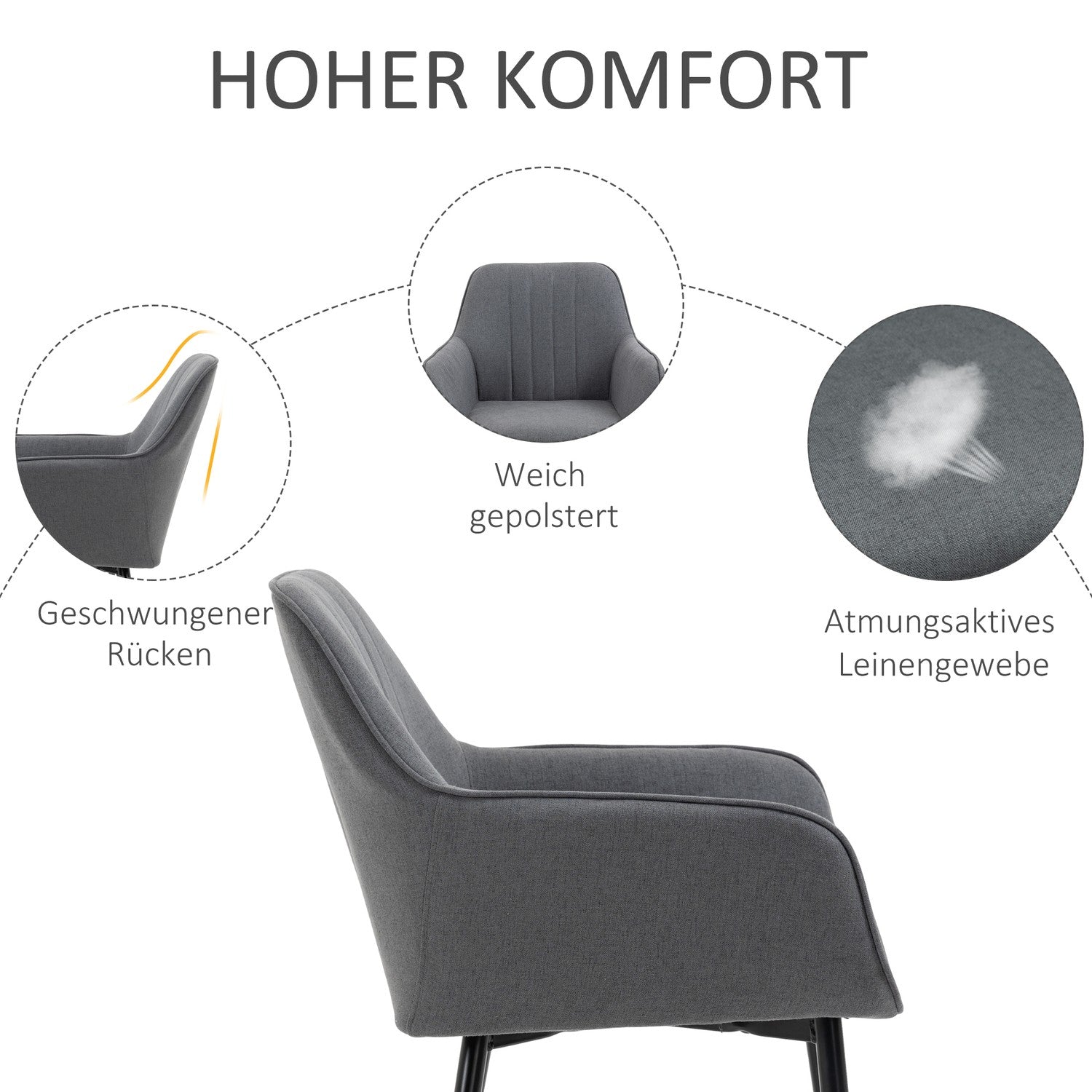 Mörkgrå matstolar Set om 2, linneklädsel, metallben