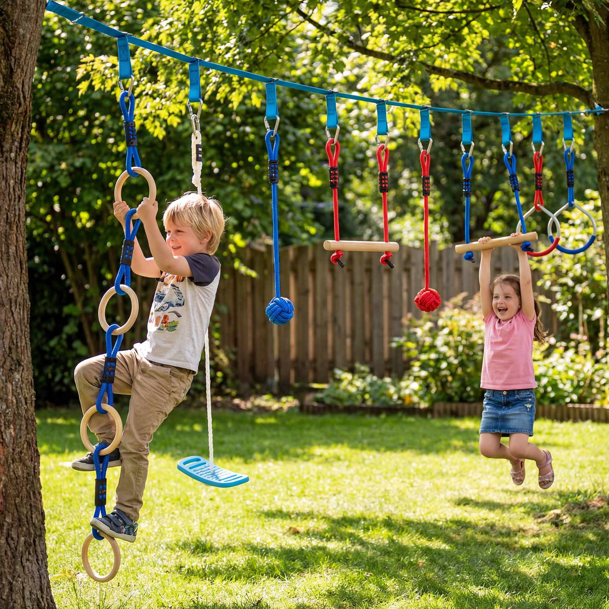Ninja Slackline Kinder-Kletterseil-Set, 3-i-1 Schaukel, 100 kg Belastbarkeit