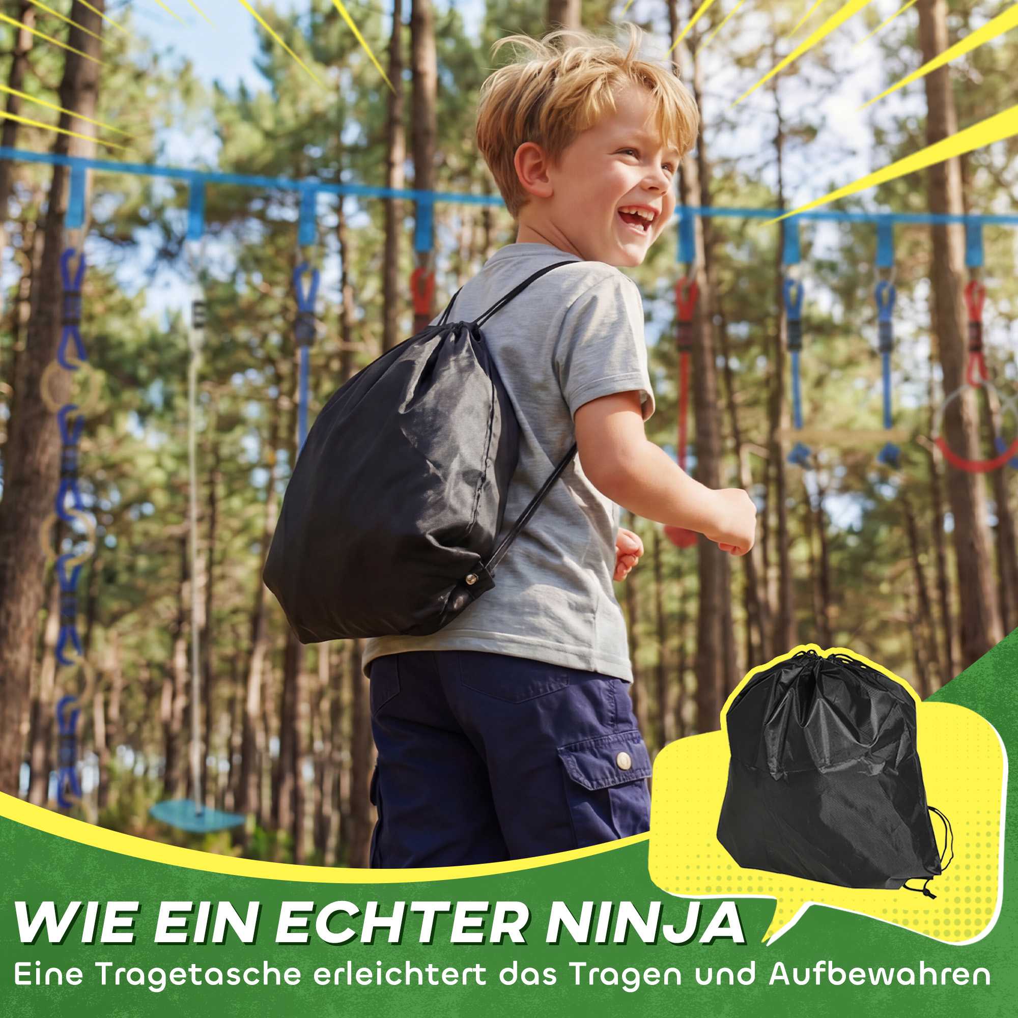 Ninja Slackline Kinder-Kletterseil-Set, 3-i-1 Schaukel, 100 kg Belastbarkeit