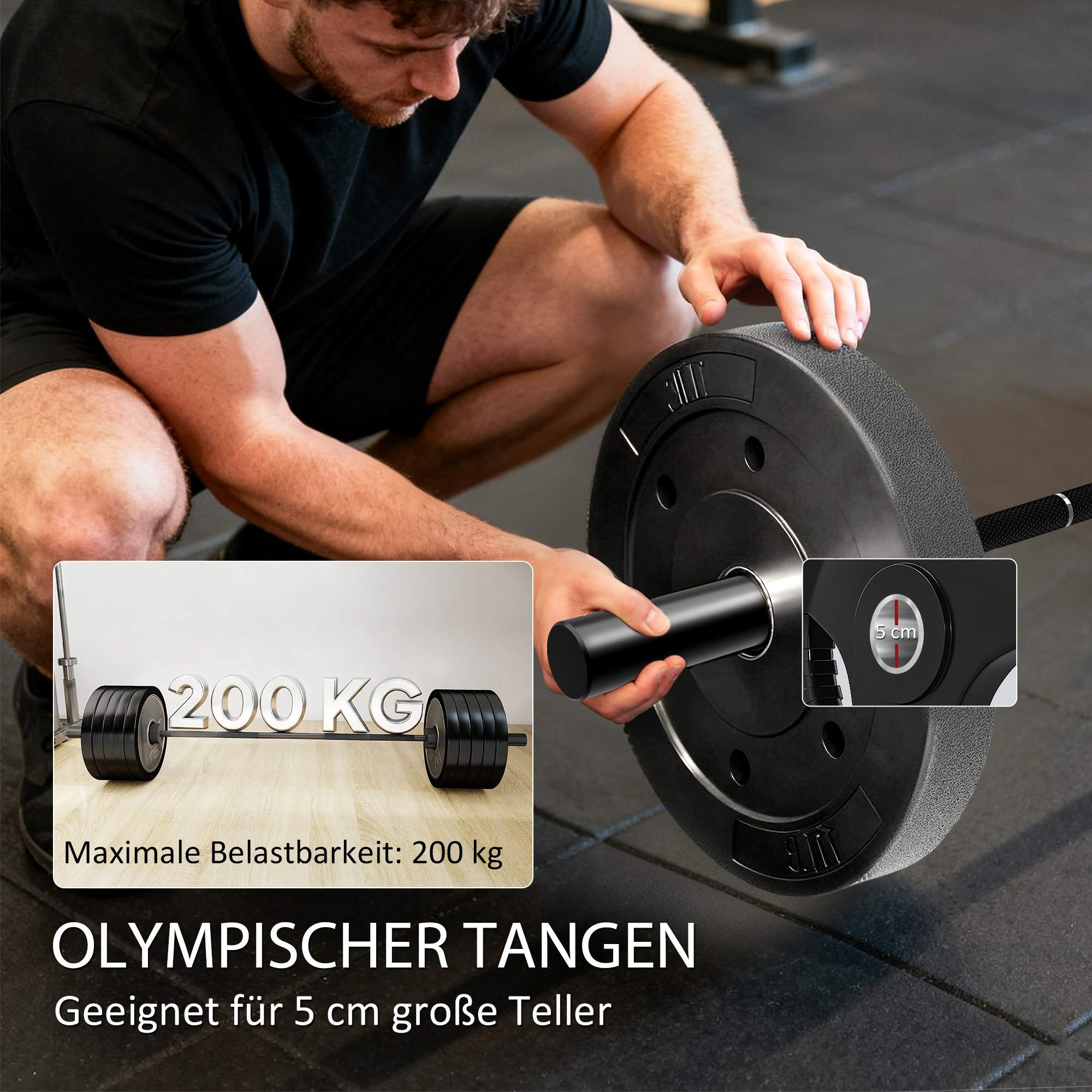 Olympisk skivstång, 180 cm stål, 200 kg kapacitet, svart
