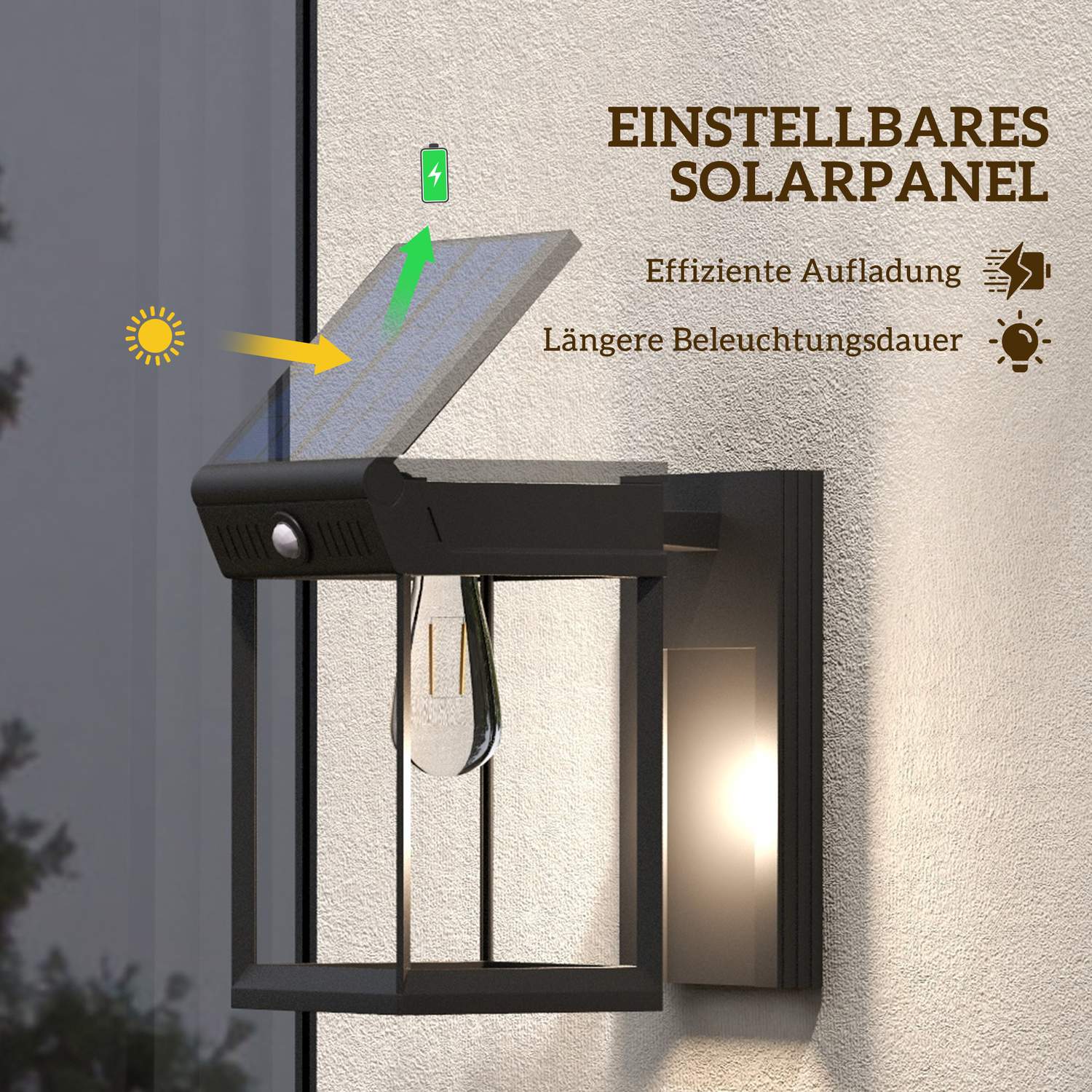 Venkovní solární LED nástěnné svítidlo, teplá bílá, nastavitelný senzor