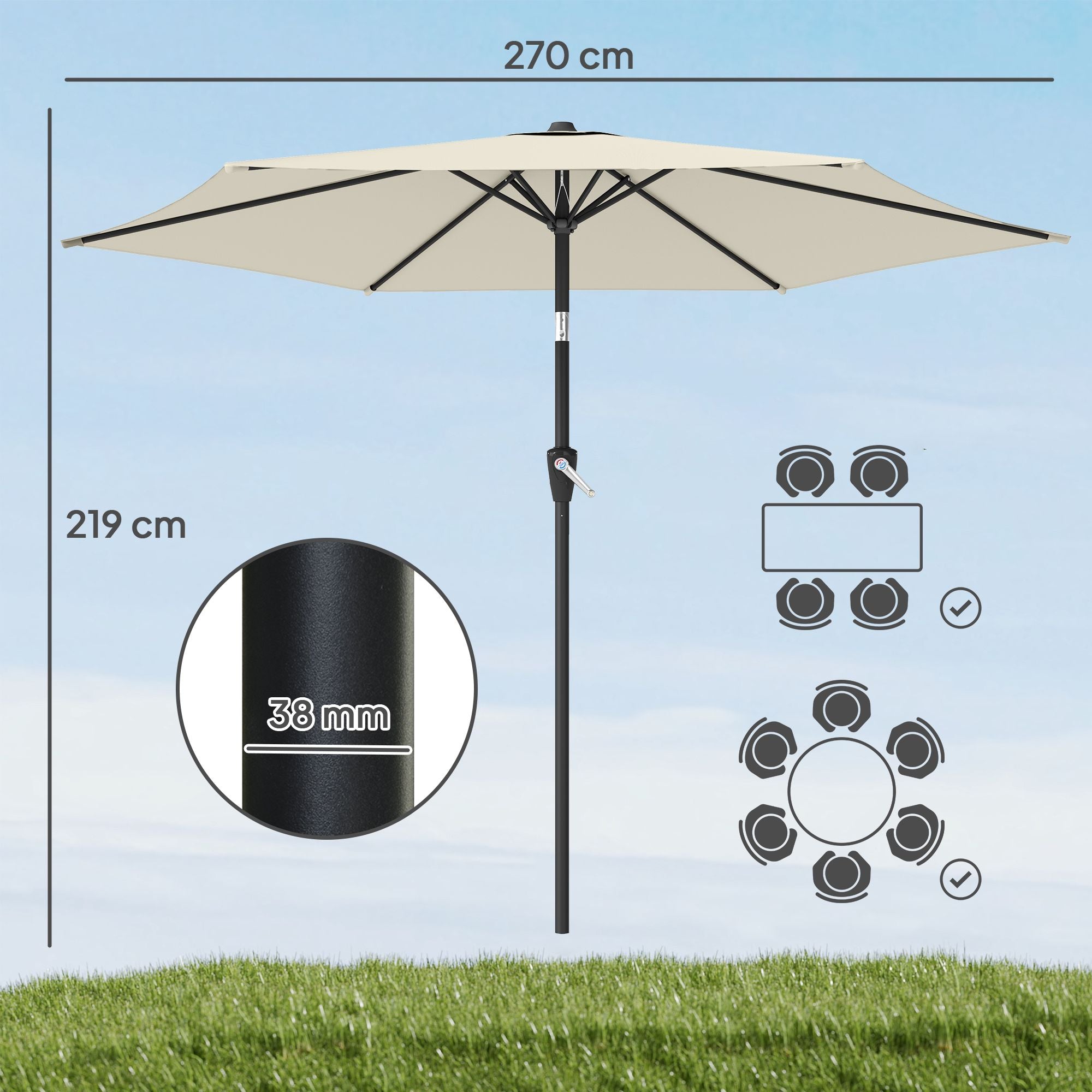 Parasoll, 270 cm, UPF 50+ UV-skydd