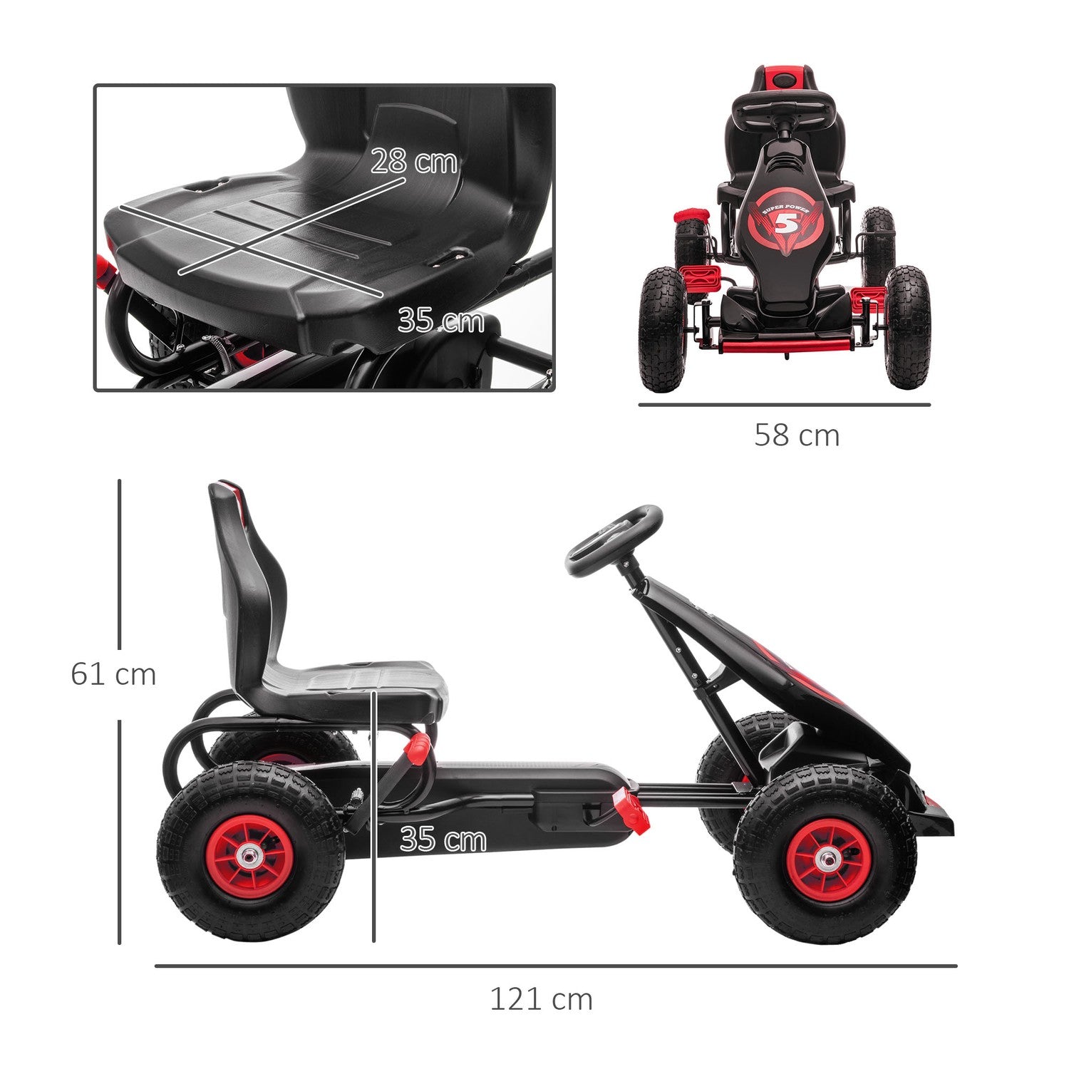 Pedal Go-Kart för barn, justerbar sits, gummidäck