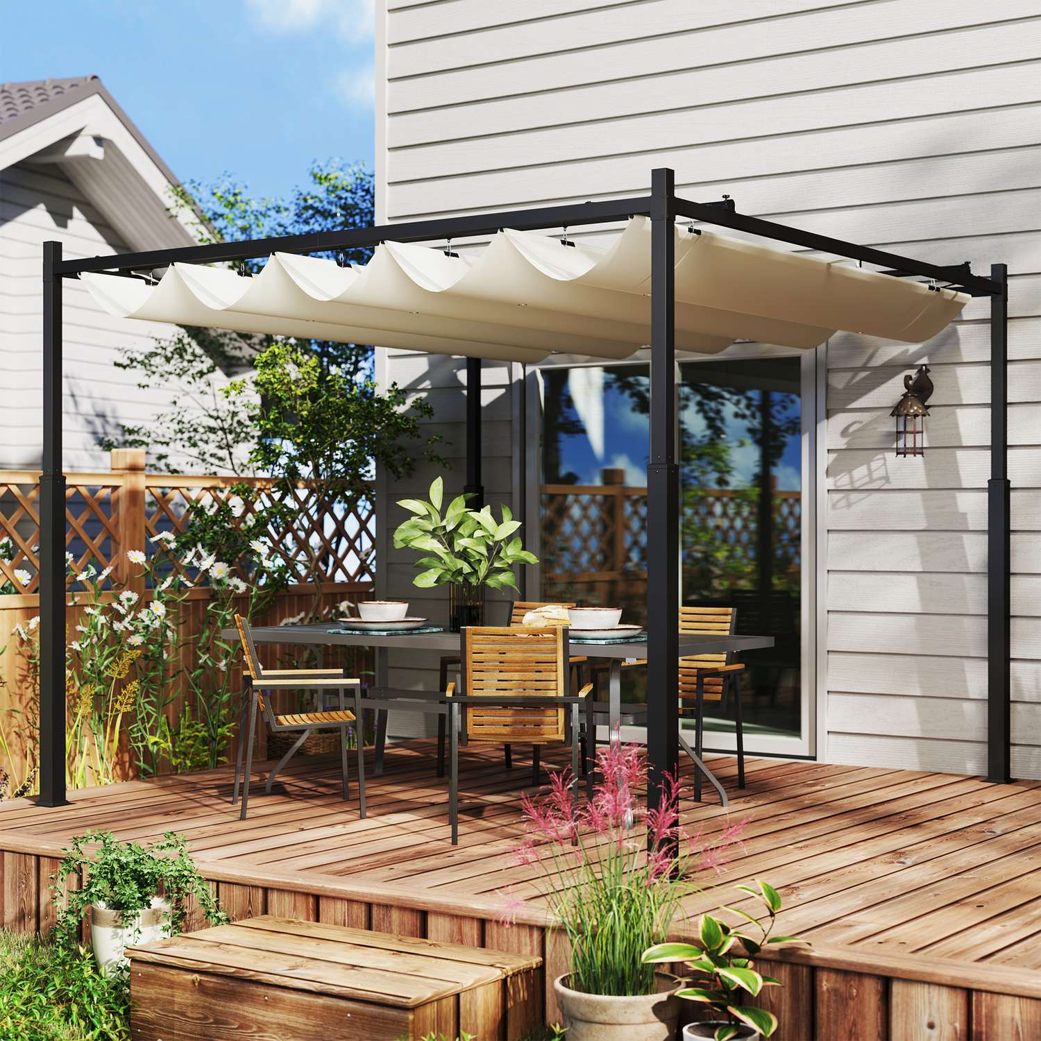 Volně stojící kovová pergola 3x3m na terasu, UV 30+, krémově bílá
