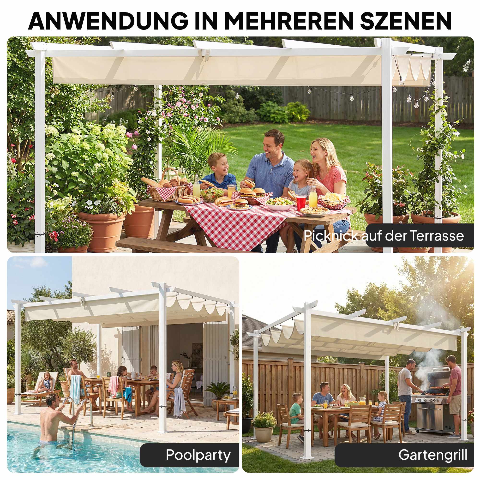 Pergola 3x4 m med utdragbar UV30+ tak, beige