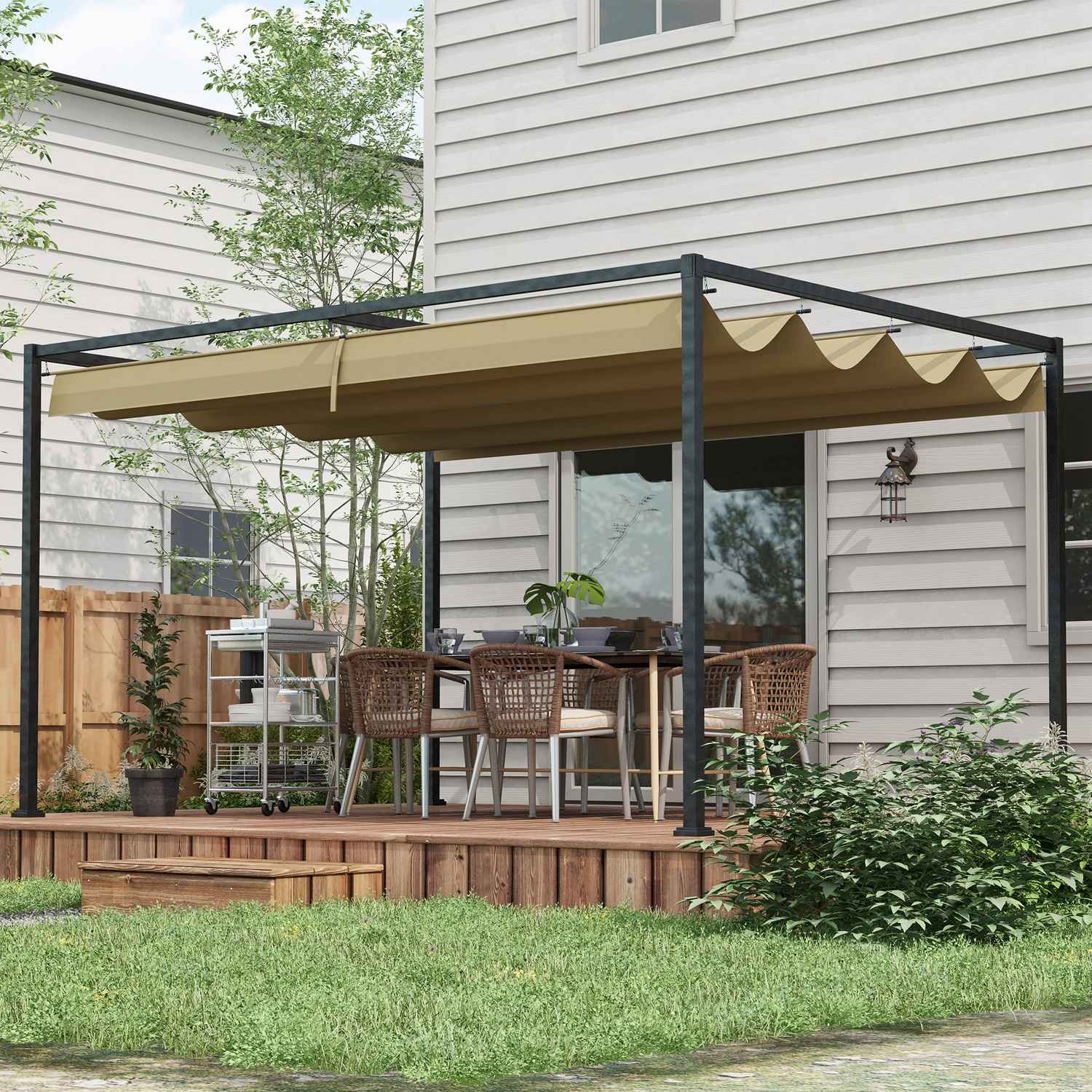 Ocelová pergola 4x3m, nastavitelná střecha, ochrana před sluncem, khaki