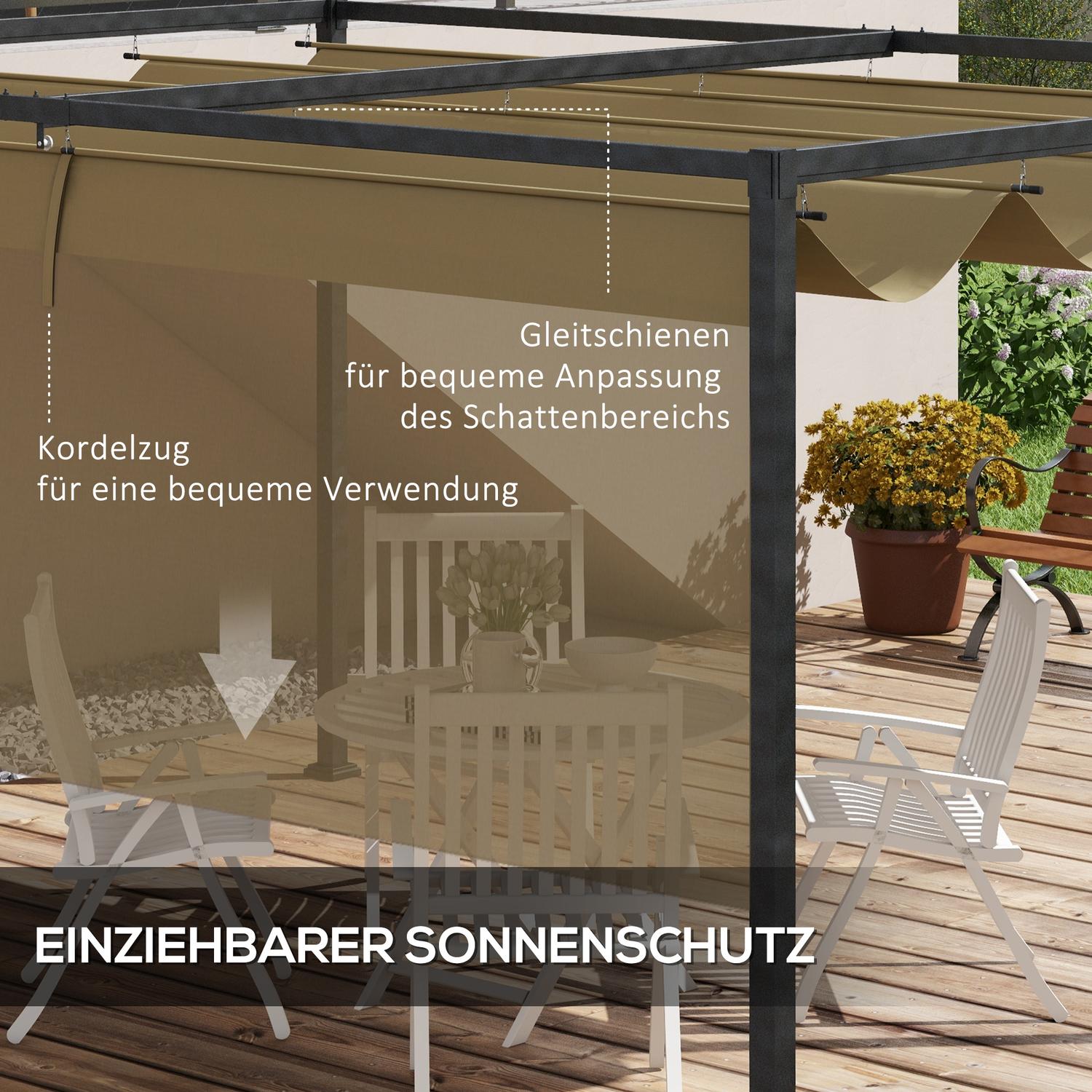 Ocelová pergola 4x3m, nastavitelná střecha, ochrana před sluncem, khaki