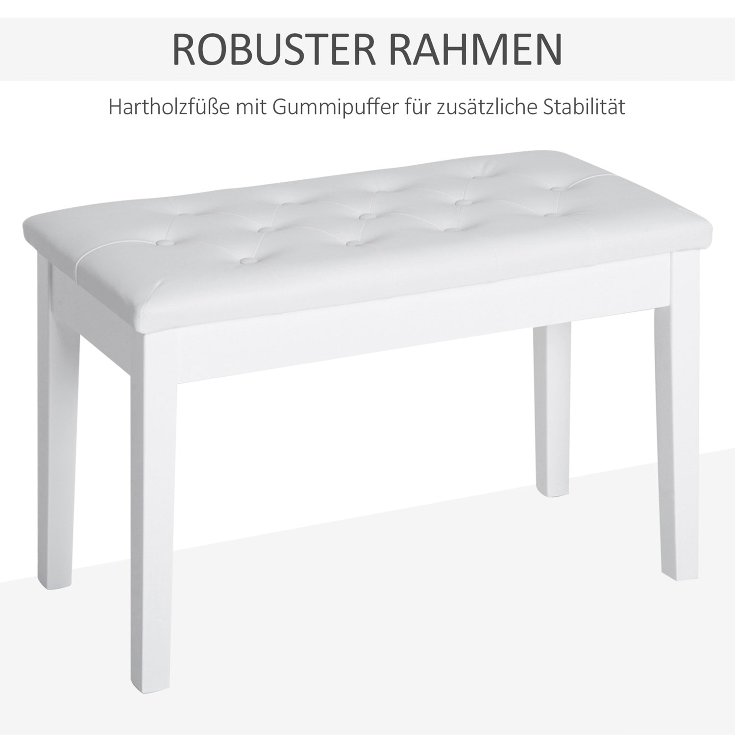 Pianopall i vit konstläder med förvaring, gummiträ
