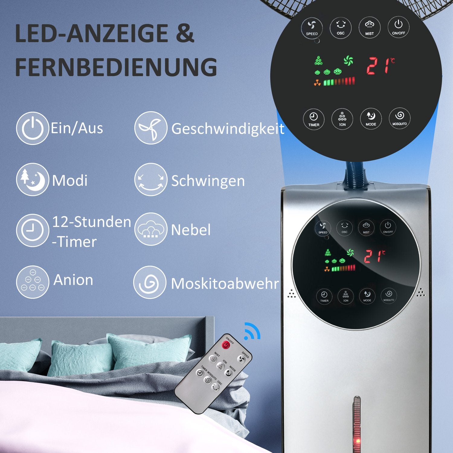 Stojanový mlžící ventilátor 90W, 3 režimy proudění vzduchu, dálkové ovládání, černý