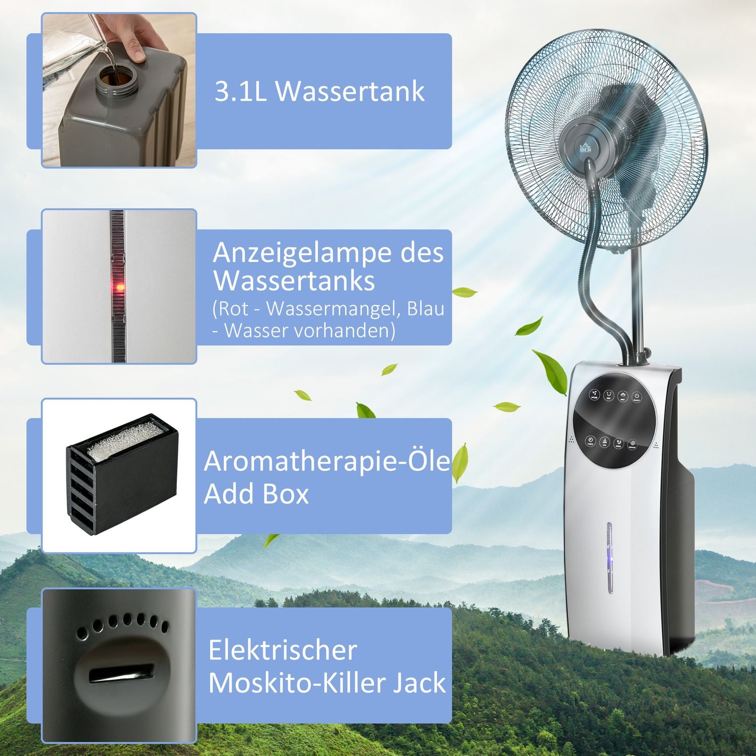 Stojanový mlžící ventilátor 90W, 3 režimy proudění vzduchu, dálkové ovládání, černý