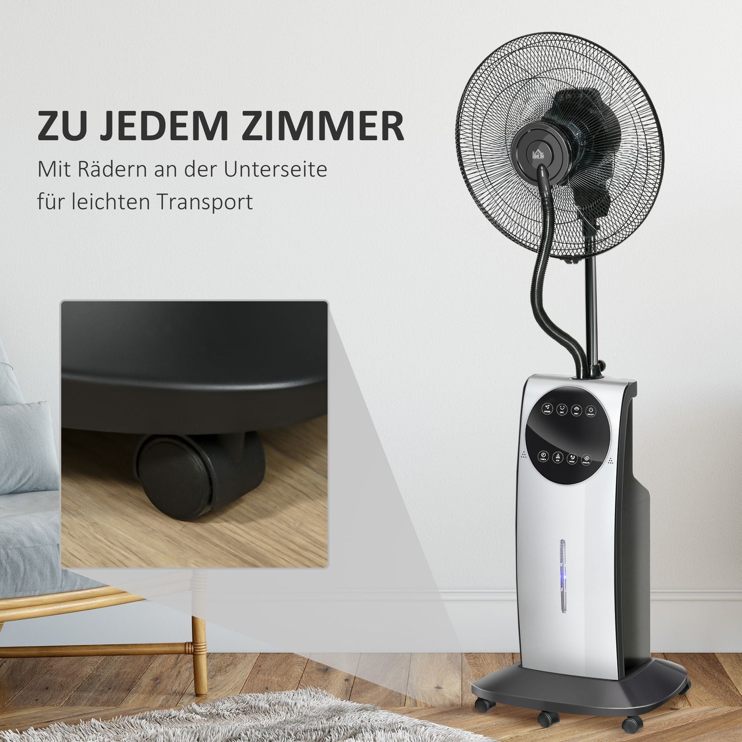 Stojanový mlžící ventilátor 90W, 3 režimy proudění vzduchu, dálkové ovládání, černý