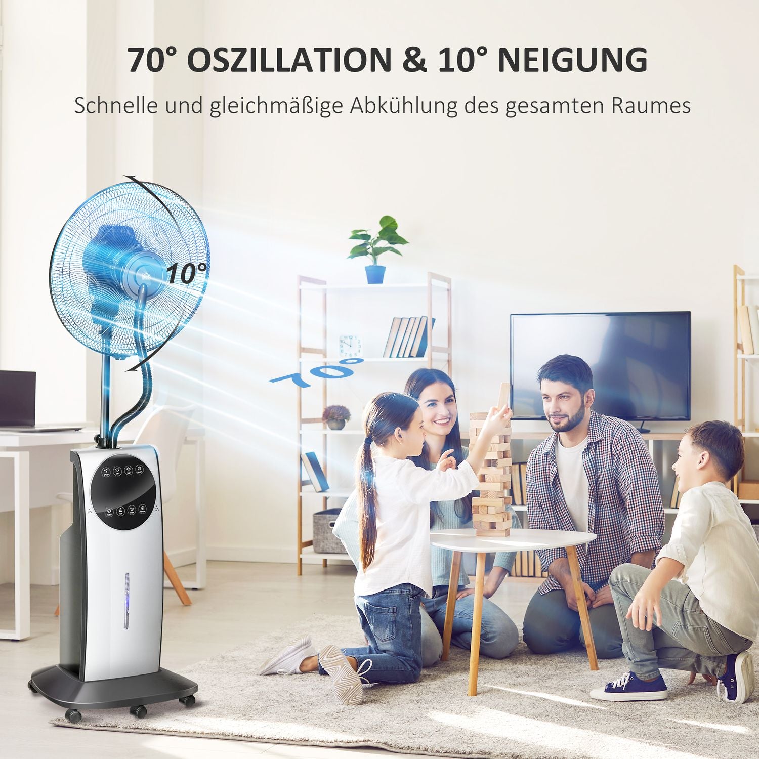 Stojanový mlžící ventilátor 90W, 3 režimy proudění vzduchu, dálkové ovládání, černý