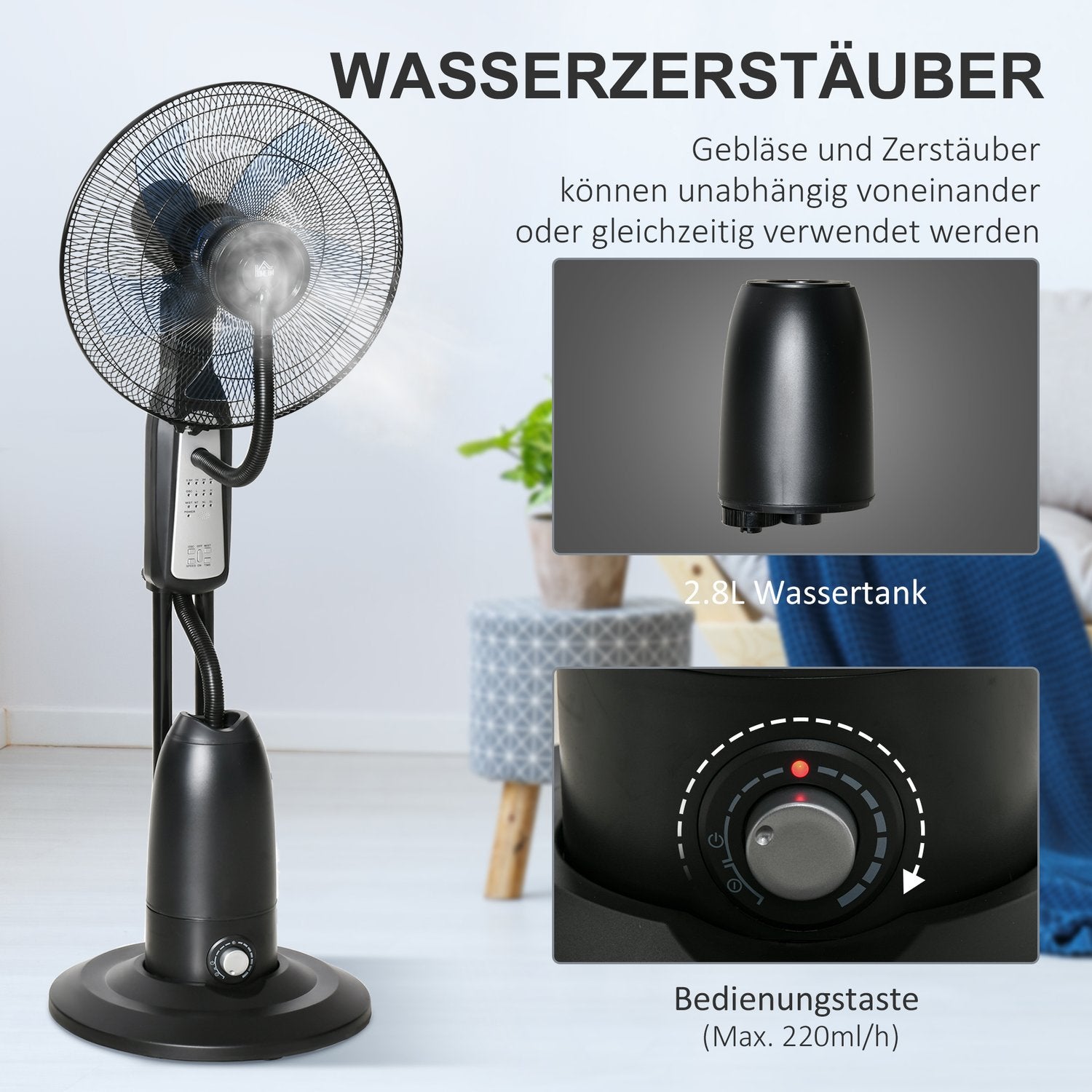 Piedestalfläkt med dimma, timer, justerbar vinkel, 3 lägen