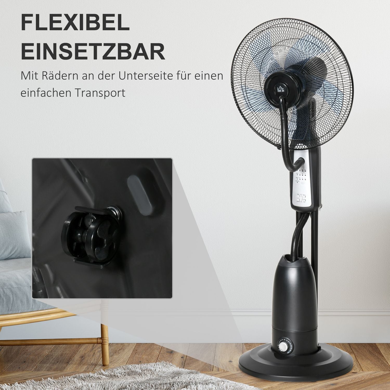 Piedestalfläkt med dimma, timer, justerbar vinkel, 3 lägen