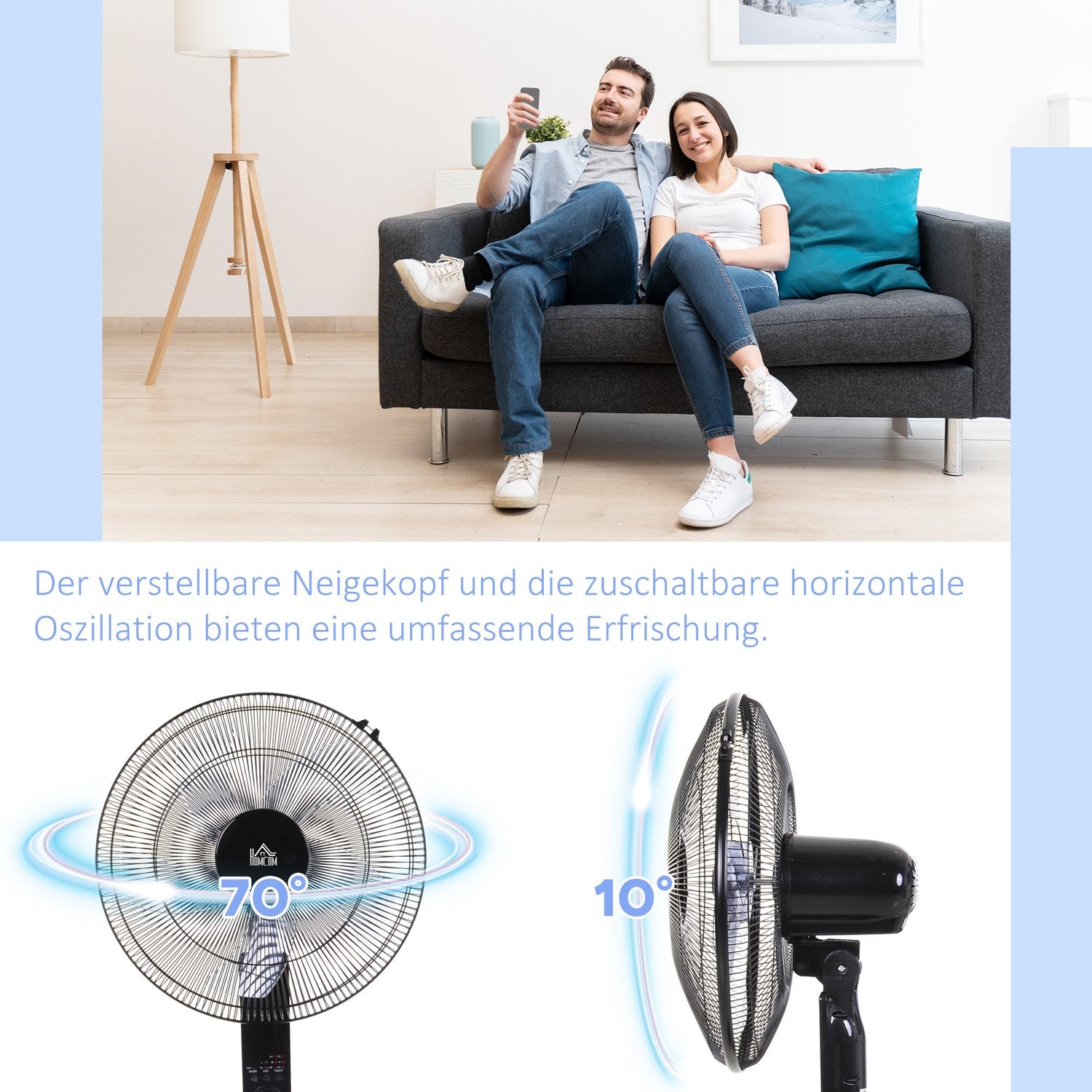 Piedestalfläkt med fjärrkontroll, justerbar höjd och 3 hastigheter
