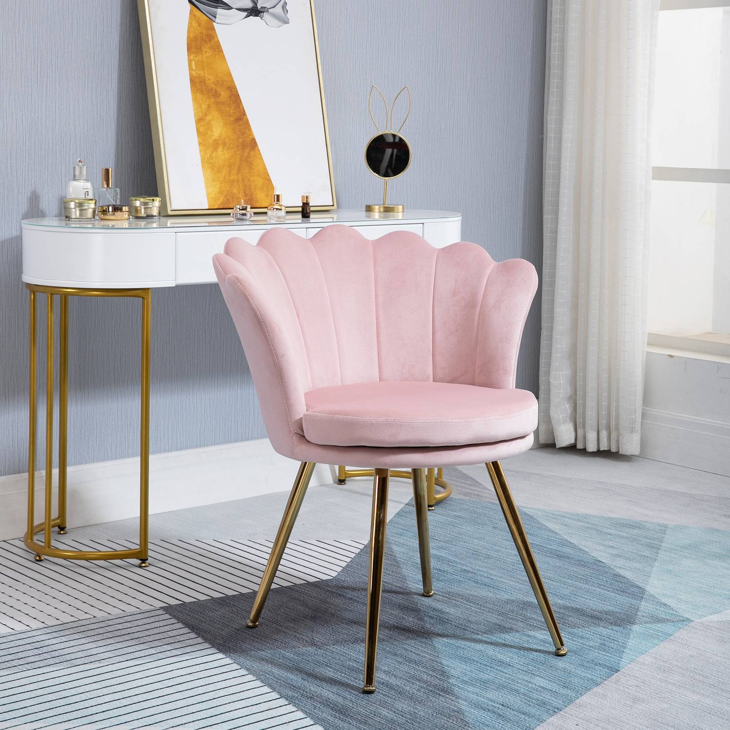 Růžové sametové lounge křeslo, design Lotus, kovová základna