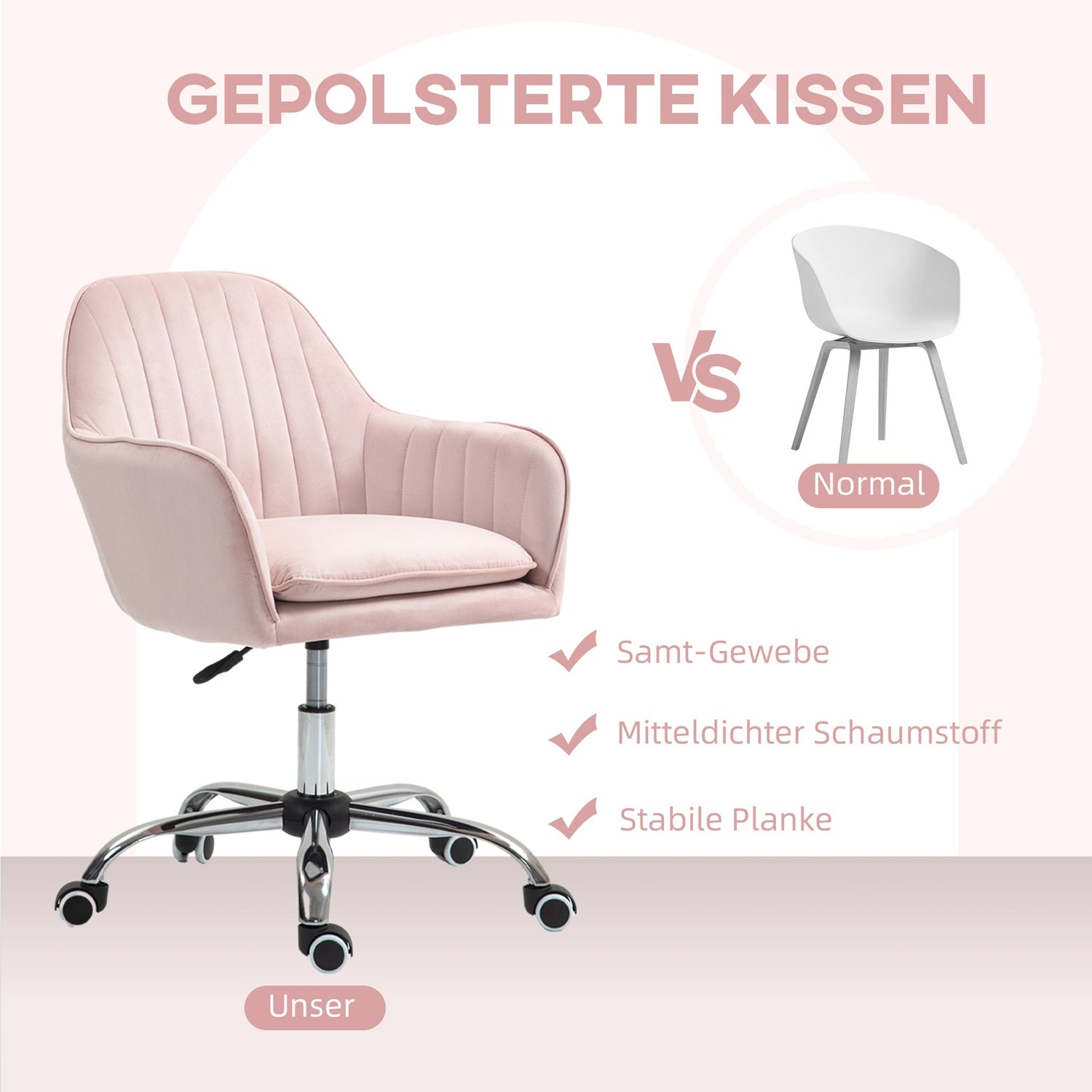 Růžové sametové kancelářské křeslo – nastavitelné otočné s područkami