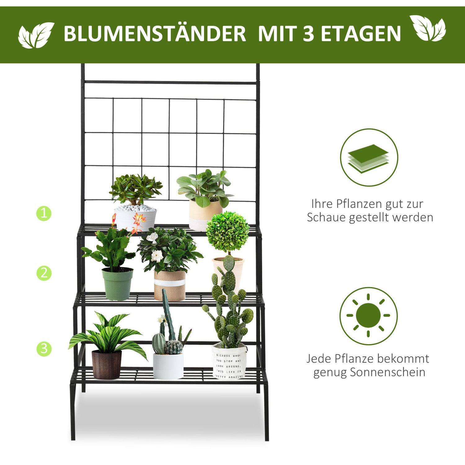 Plantställning i metall med 3 steg för inomhus- och utomhusbruk