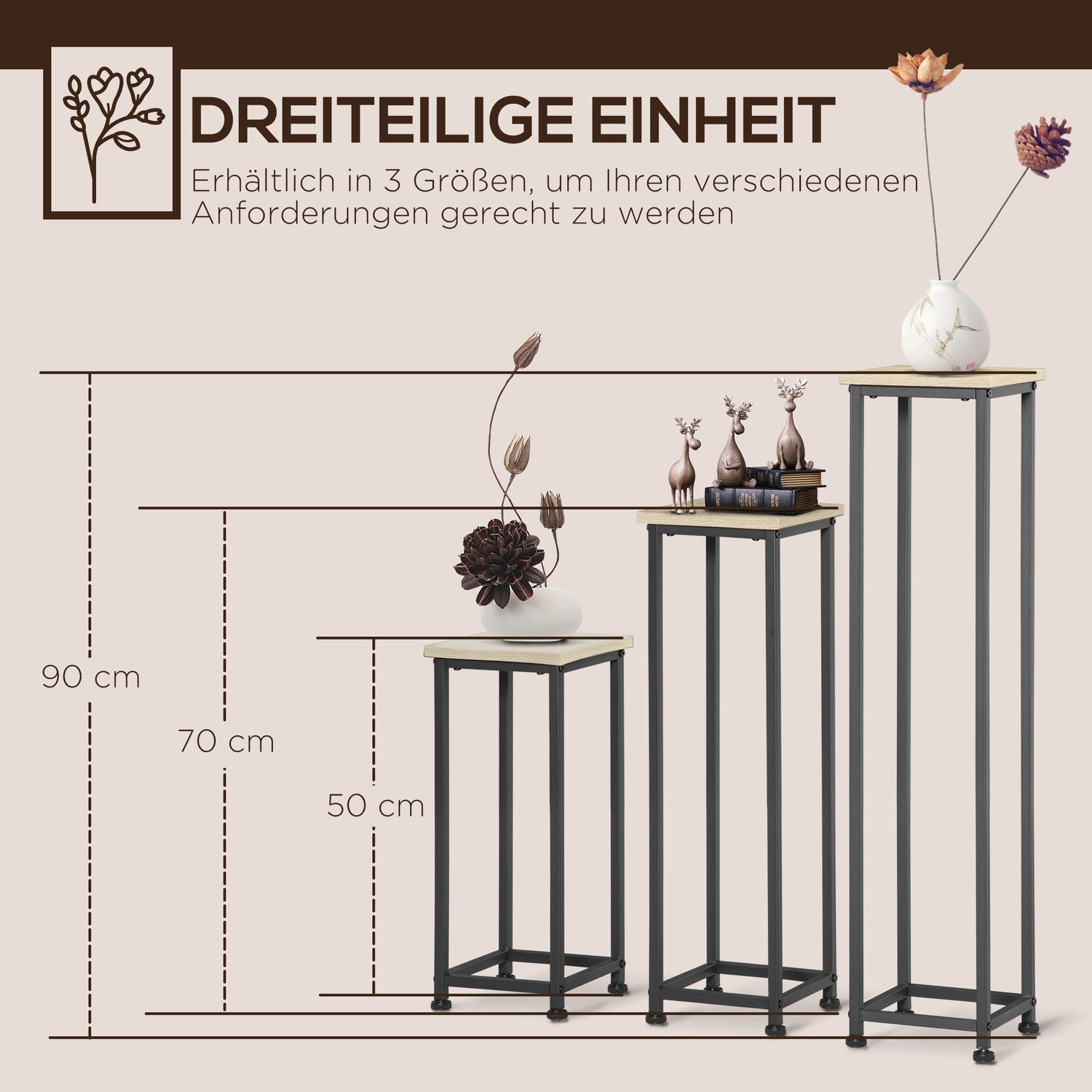 Plantställningsset i stål – 3-delad blomkrukhållare, svart & naturlig