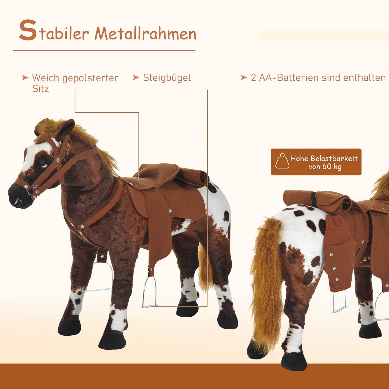Plyschleksakshäst – Ljud, Metallram, 85 cm – Brun & Vit