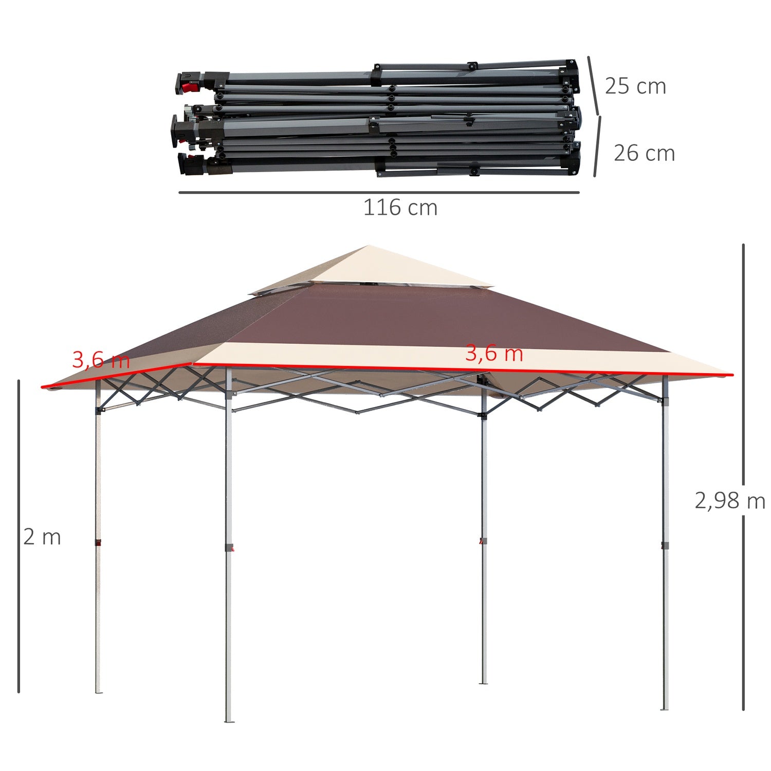 Pop-Up Gazebo-tält, 3,6x3,6m, mörkbrunt & kaki