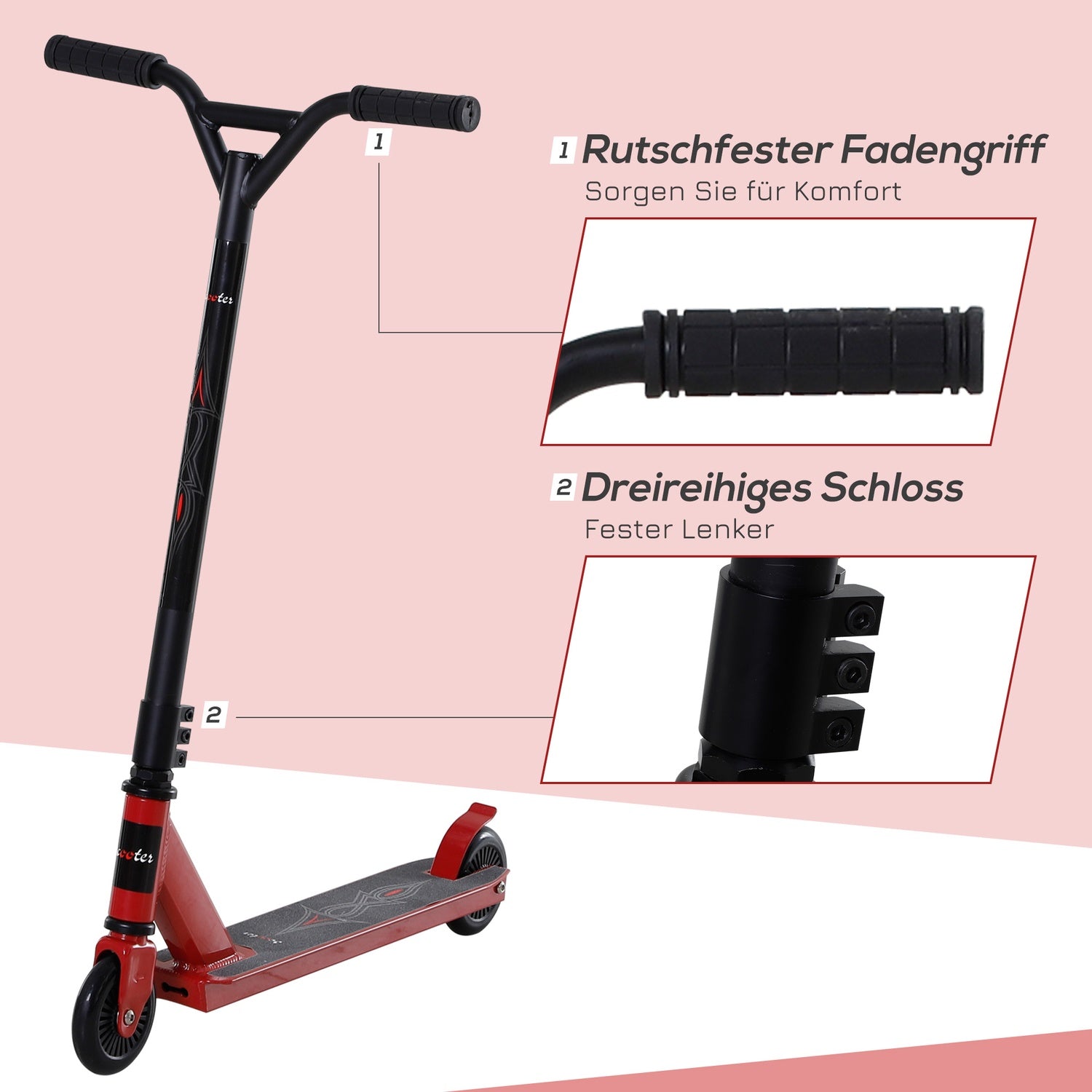Pro Freestyle Stunt Scooter, Aluminium, 100 mm hjul, Röd