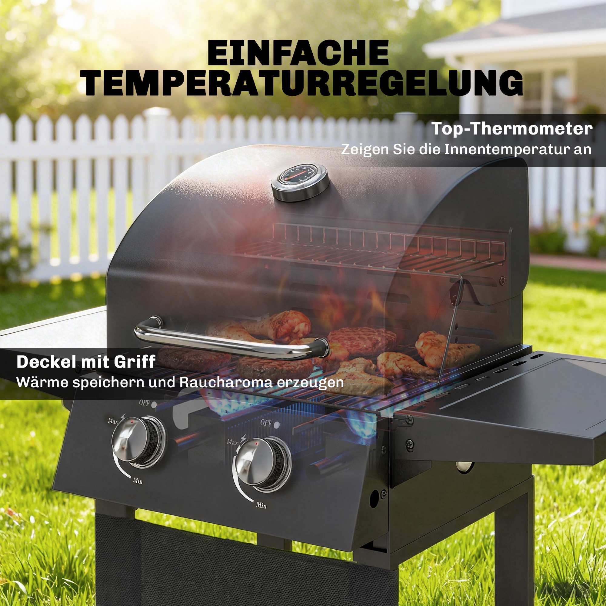 Propangasgrill med 2 brännare, fällbara hyllor, svart